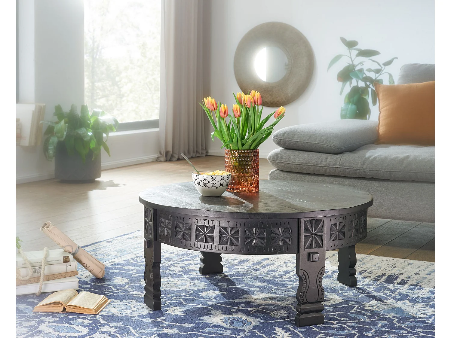 tavolino design 80x36x80 cm Tavolino in legno massello di mango rotondo nero | Tavolino in legno Tavolino massello | Tavolo soggiorno orientale | Tavolino salotto