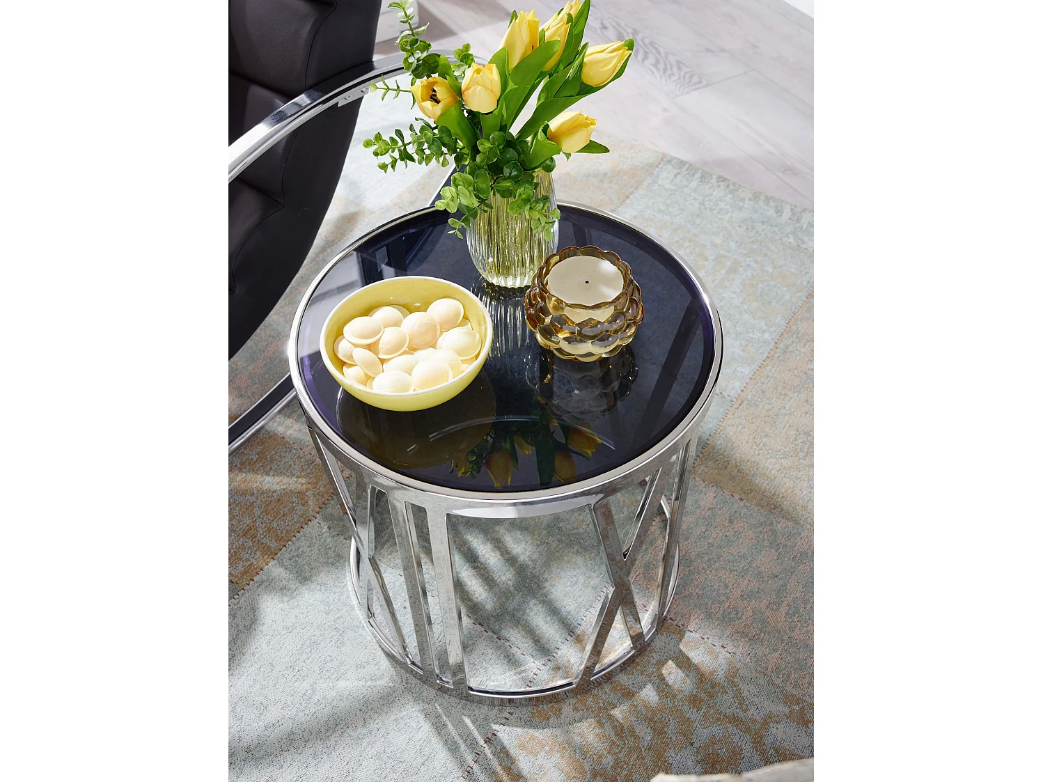 Table d'appoint Verre et Métal 45x45x44 cm Table de Salon Argent | Petite Table de Canapé Ronde Haute | Design Table Basse