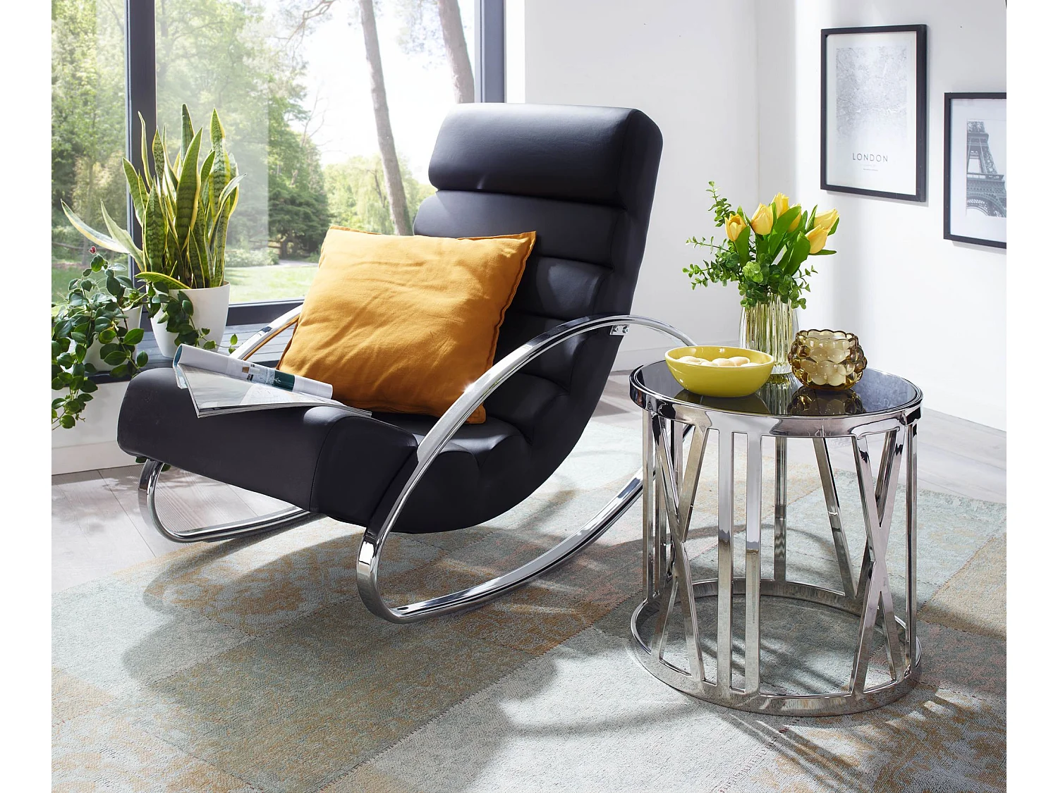 Table Basse de Salon Mango Bois Massif et Métal 60x60x36 cm Ronde | Petite Table de Canapé Noir |