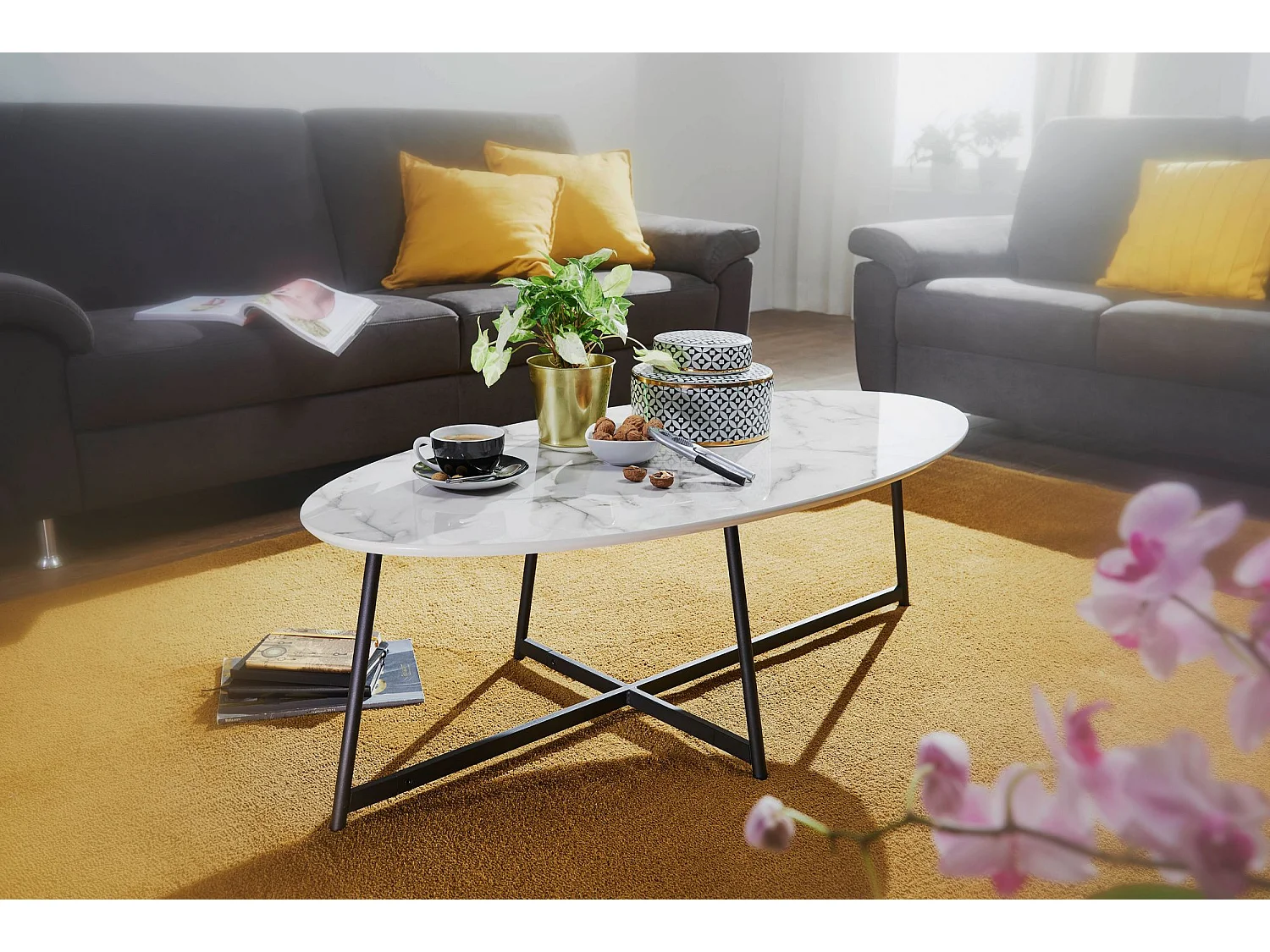 Basse Design  Ovale 120X60 Cm Aspect Marbre Blanc | Table De Salon Avec Pieds En Métal