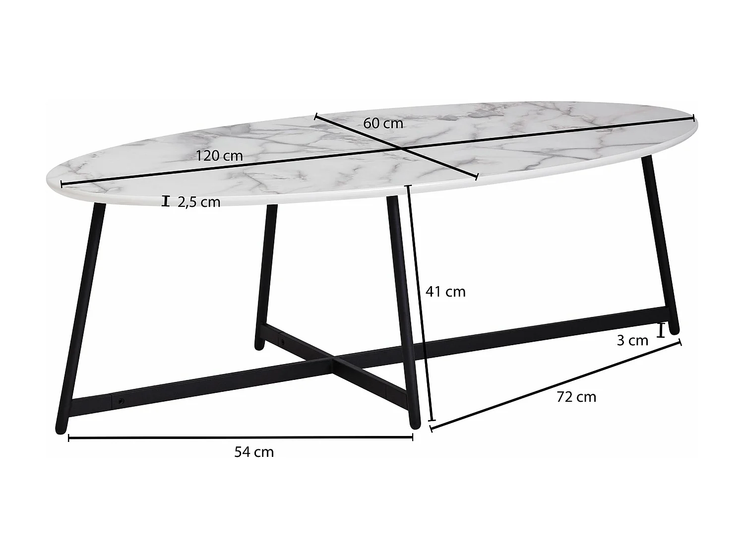 Basse Design  Ovale 120X60 Cm Aspect Marbre Blanc | Table De Salon Avec Pieds En Métal