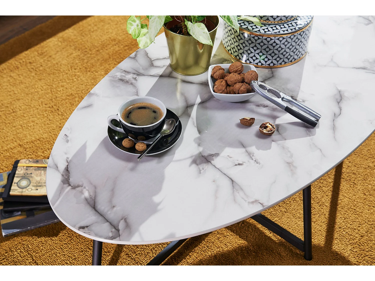 Basse Design  Ovale 120X60 Cm Aspect Marbre Blanc | Table De Salon Avec Pieds En Métal