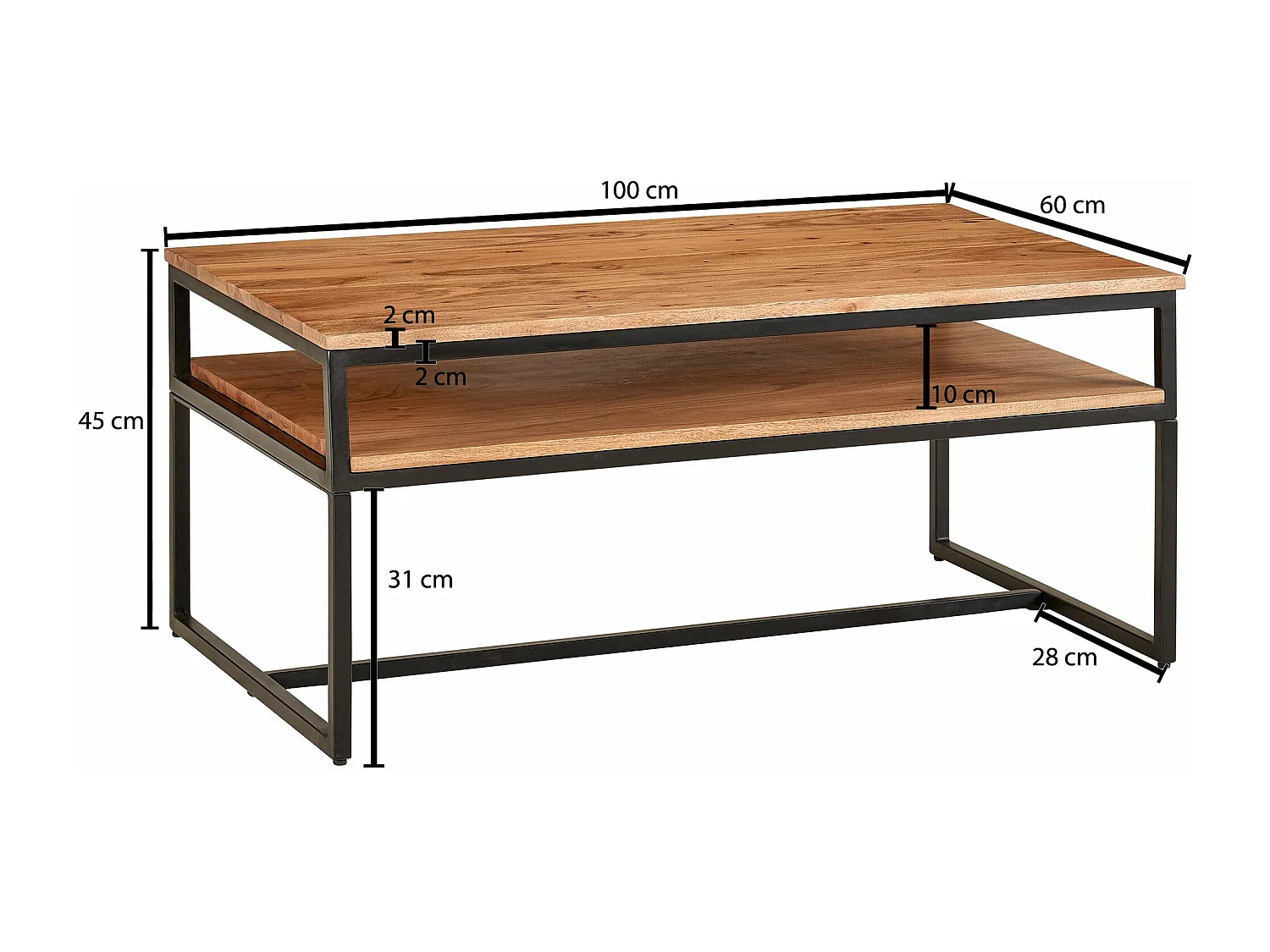 Table Basse 100X60X45 Cm Table Basse Bois Massif Solide Métal Table De Salon Acacia