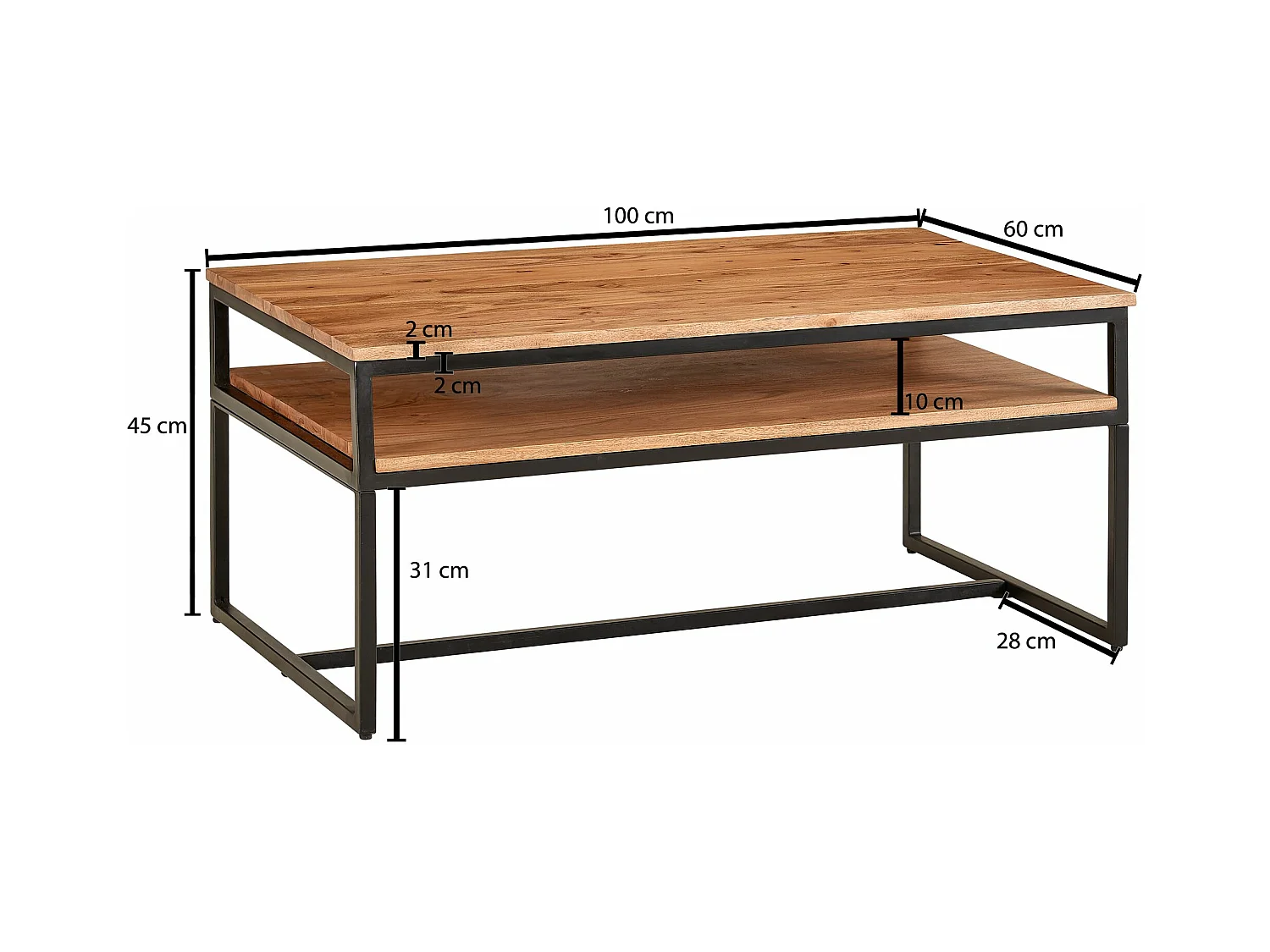 Table Basse 100X60X45 Cm Table Basse Bois Massif Solide Métal Table De Salon Acacia