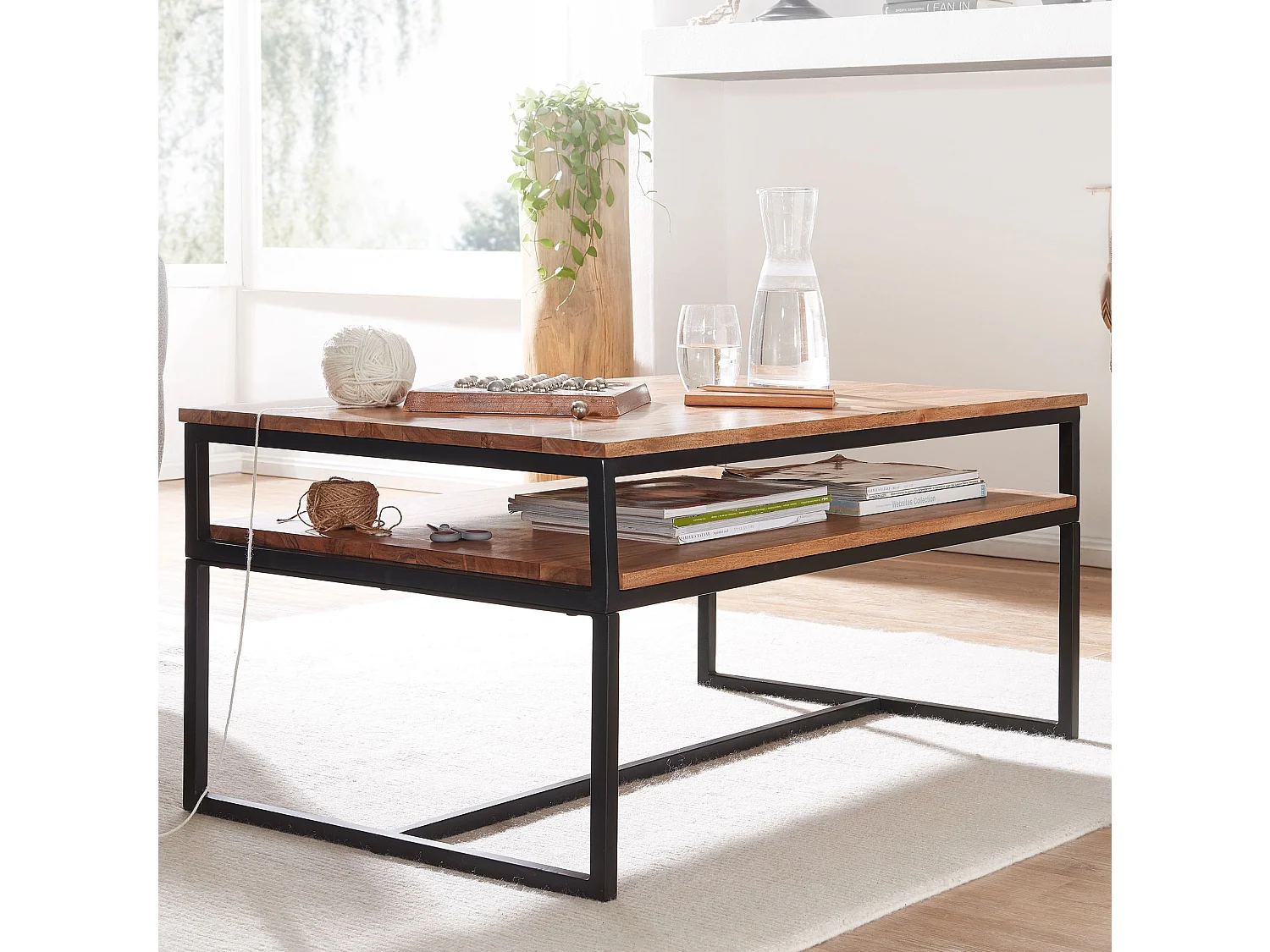 table basse 100x60x45 cm table basse bois massif métal table de salon acacia | Table de chambre