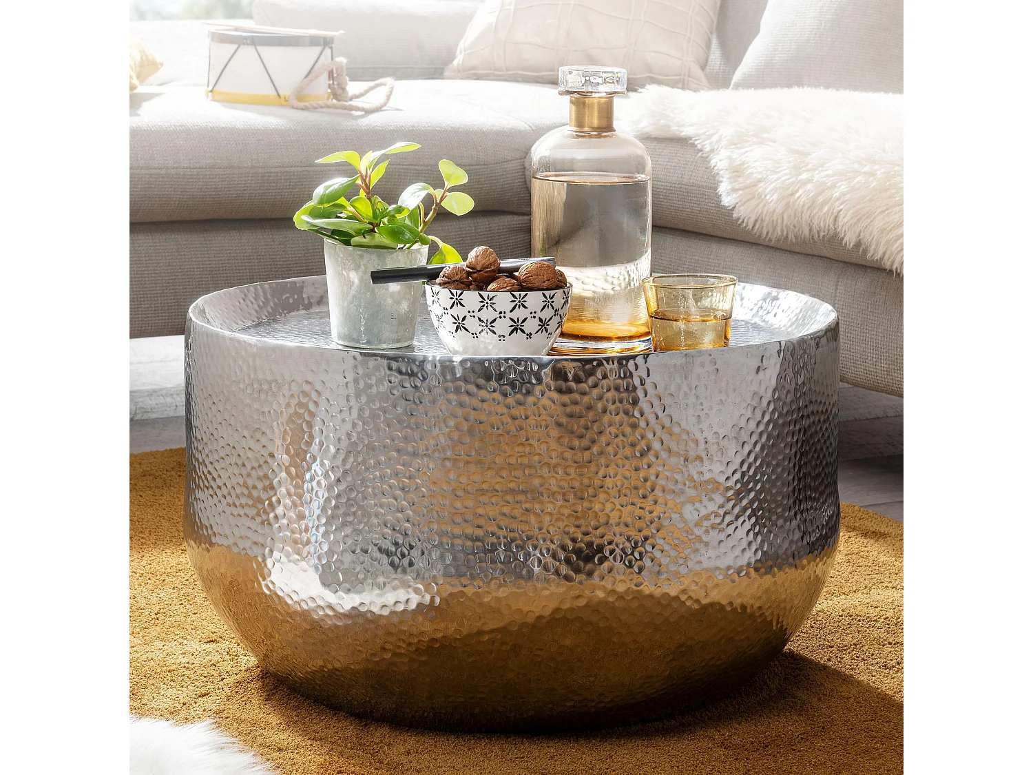 salontafel aluminium zilver 60x60x35 cm salontafel gehamerd | Design salontafel rond aluminium oosters | Ronde metalen salontafel klein