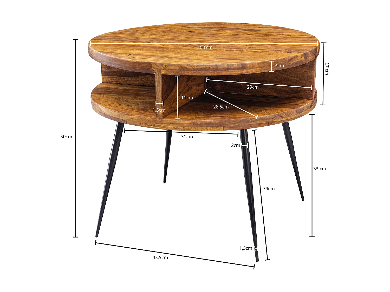 tafel Sheesham massief hout / metaal 60x45x60 cm tafel woonkamer | Design bijzettafel met plank Kleine salontafel rond bruin