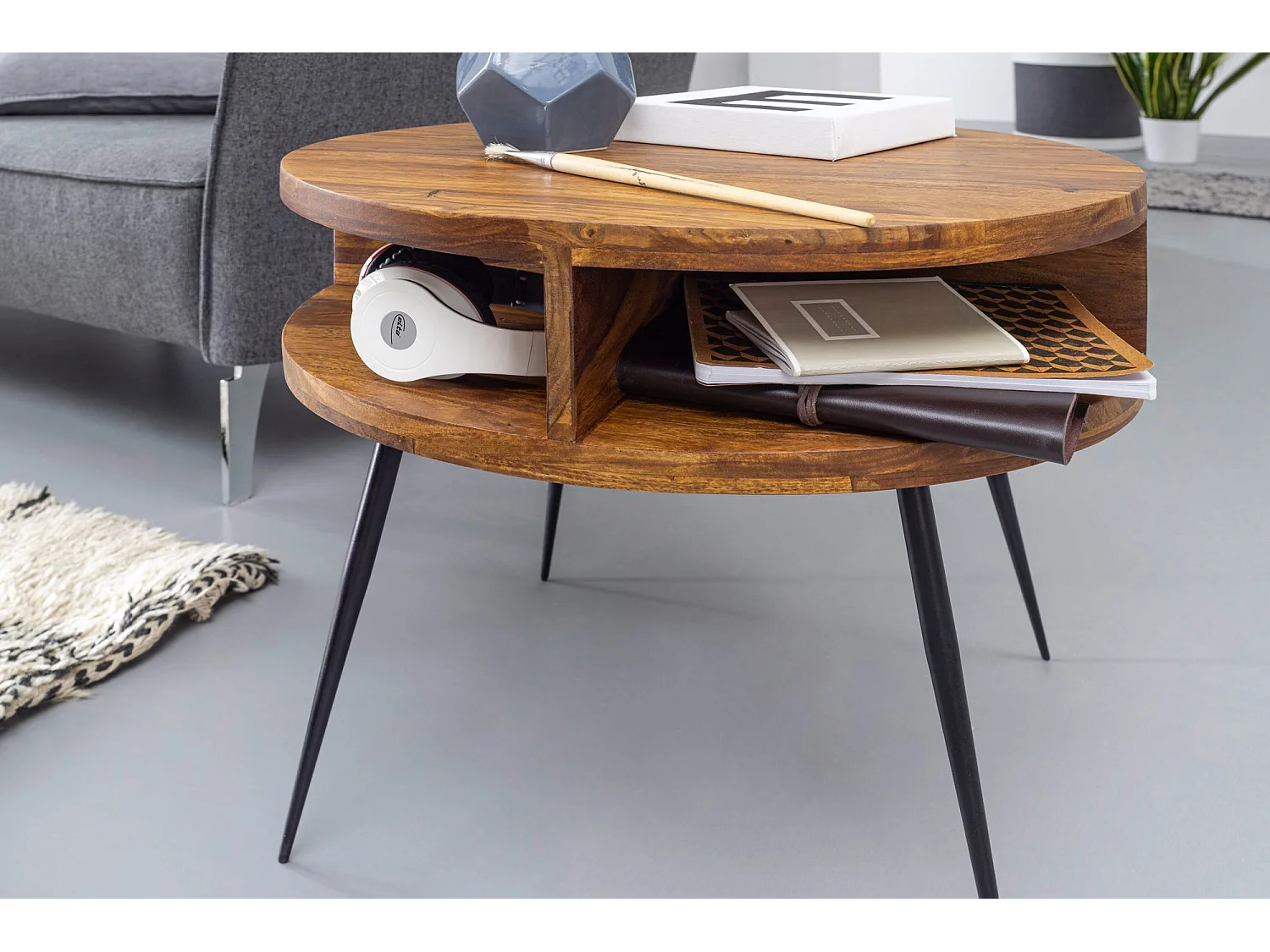 tafel Sheesham massief hout / metaal 60x45x60 cm tafel woonkamer | Design bijzettafel met plank Kleine salontafel rond bruin