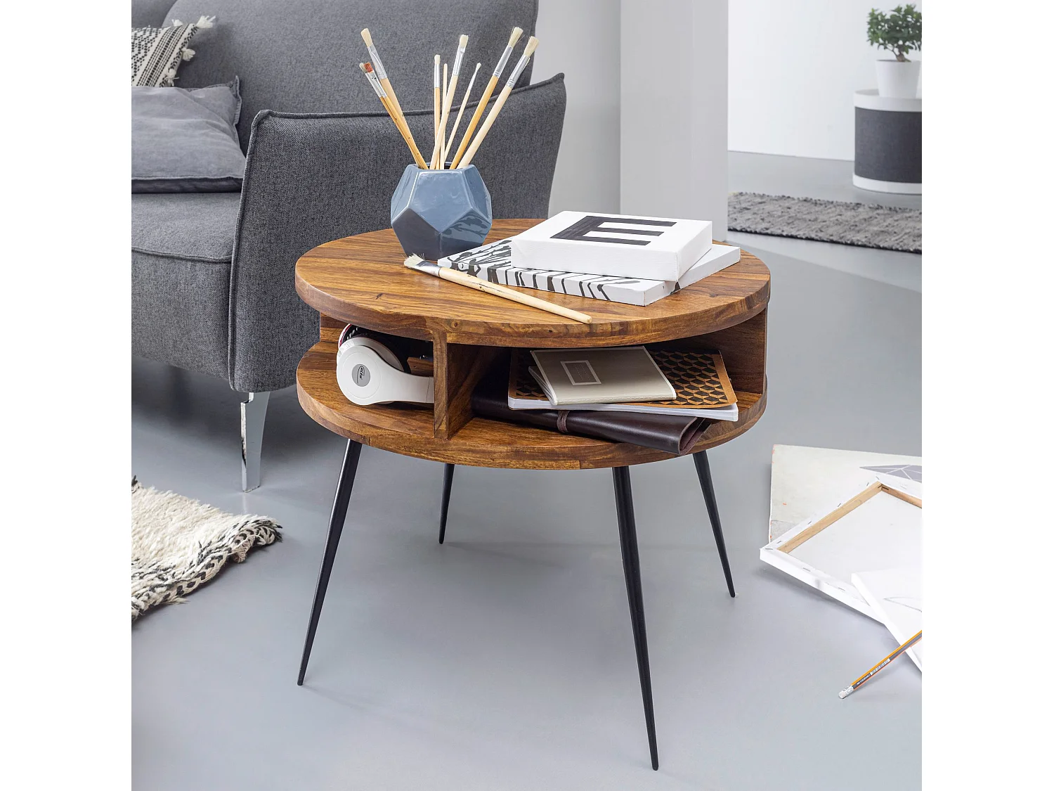 table Sheesham salon bois massif / métal 60x45x60 cm salon | Table d'appoint design avec étagère