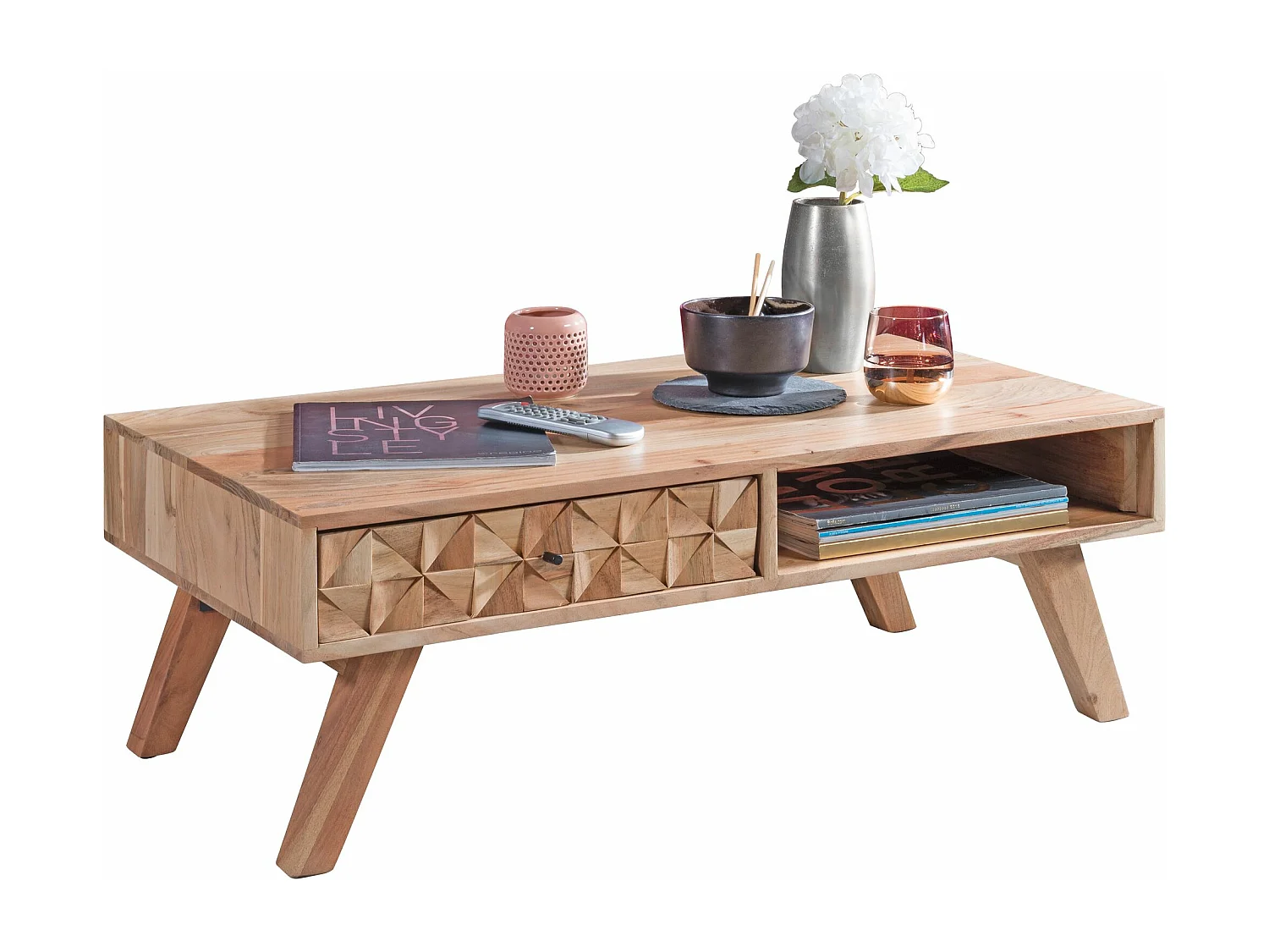 salontafel REWA 95x35x50 cm Acacia massief houten salontafel | Ontwerp salontafel met lade