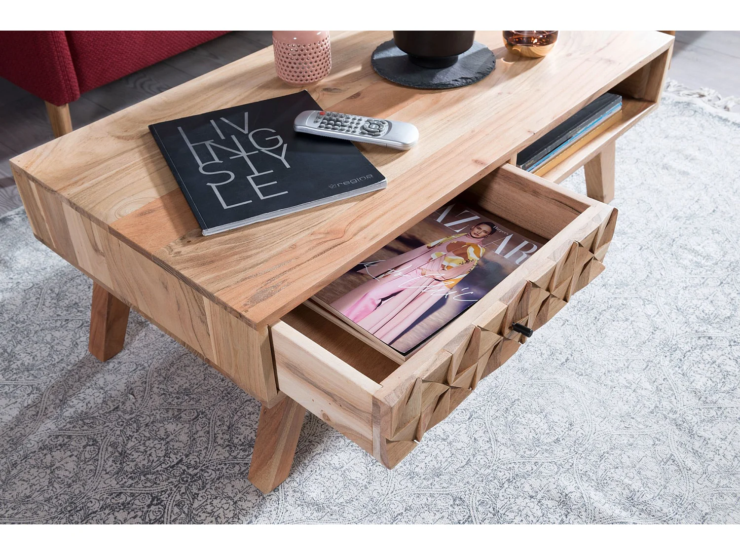 salontafel REWA 95x35x50 cm Acacia massief houten salontafel | Ontwerp salontafel met lade