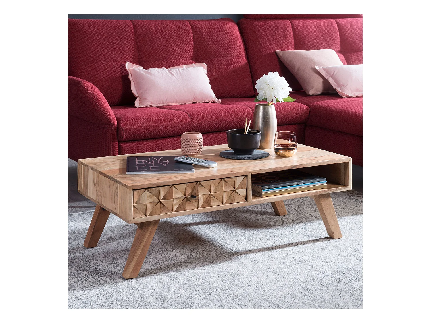 Table Basse  Rewa 95X35X50 Cm Table Basse En Bois Massif Solide Acacia | Table Basse