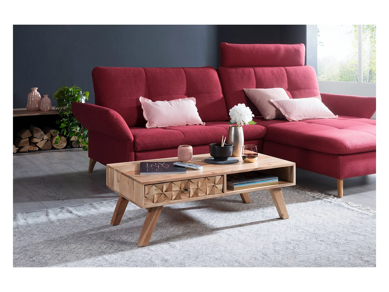 Table Basse  Rewa 95X35X50 Cm Table Basse En Bois Massif Solide Acacia | Table Basse