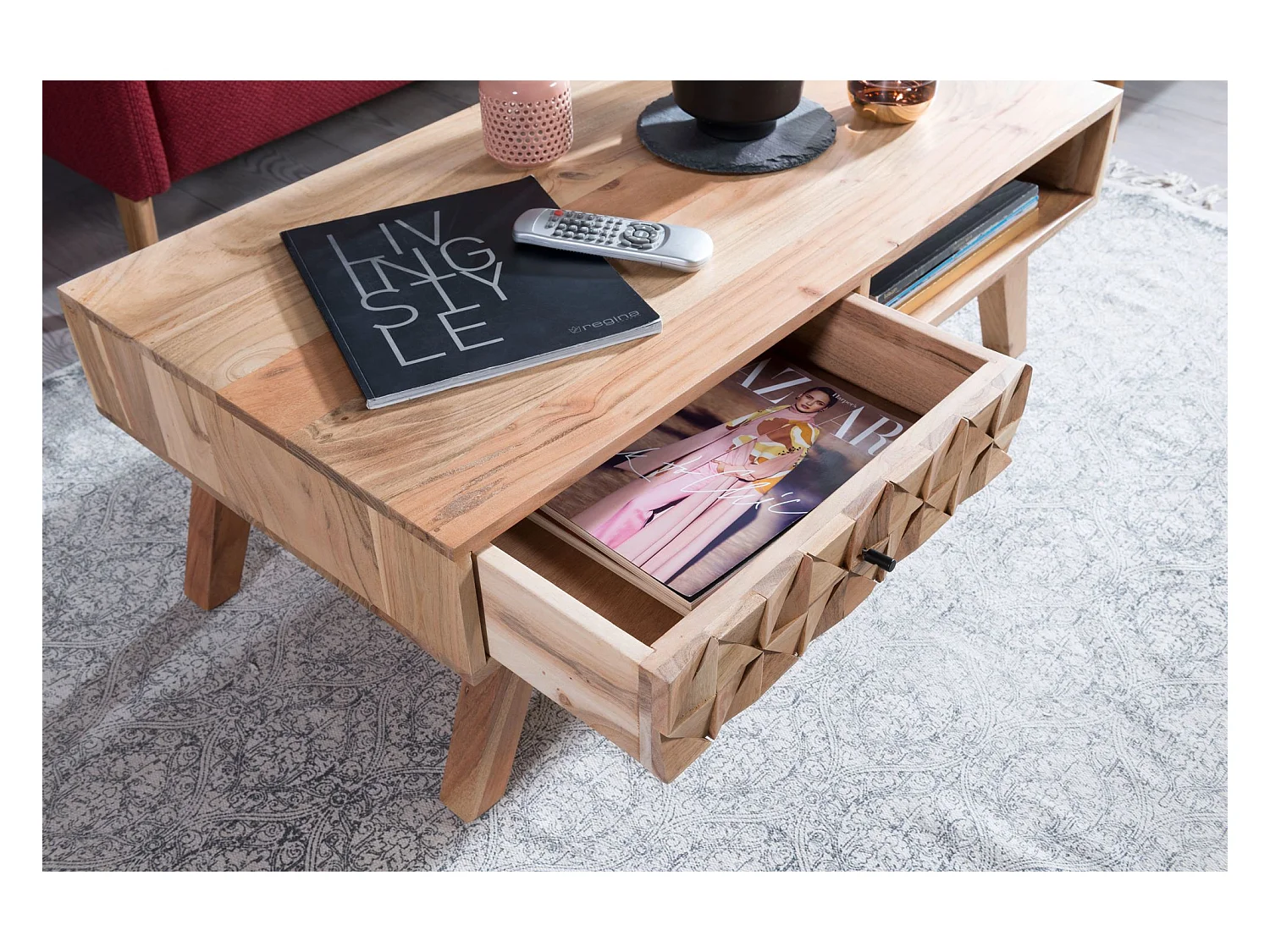 Table Basse  Rewa 95X35X50 Cm Table Basse En Bois Massif Solide Acacia | Table Basse