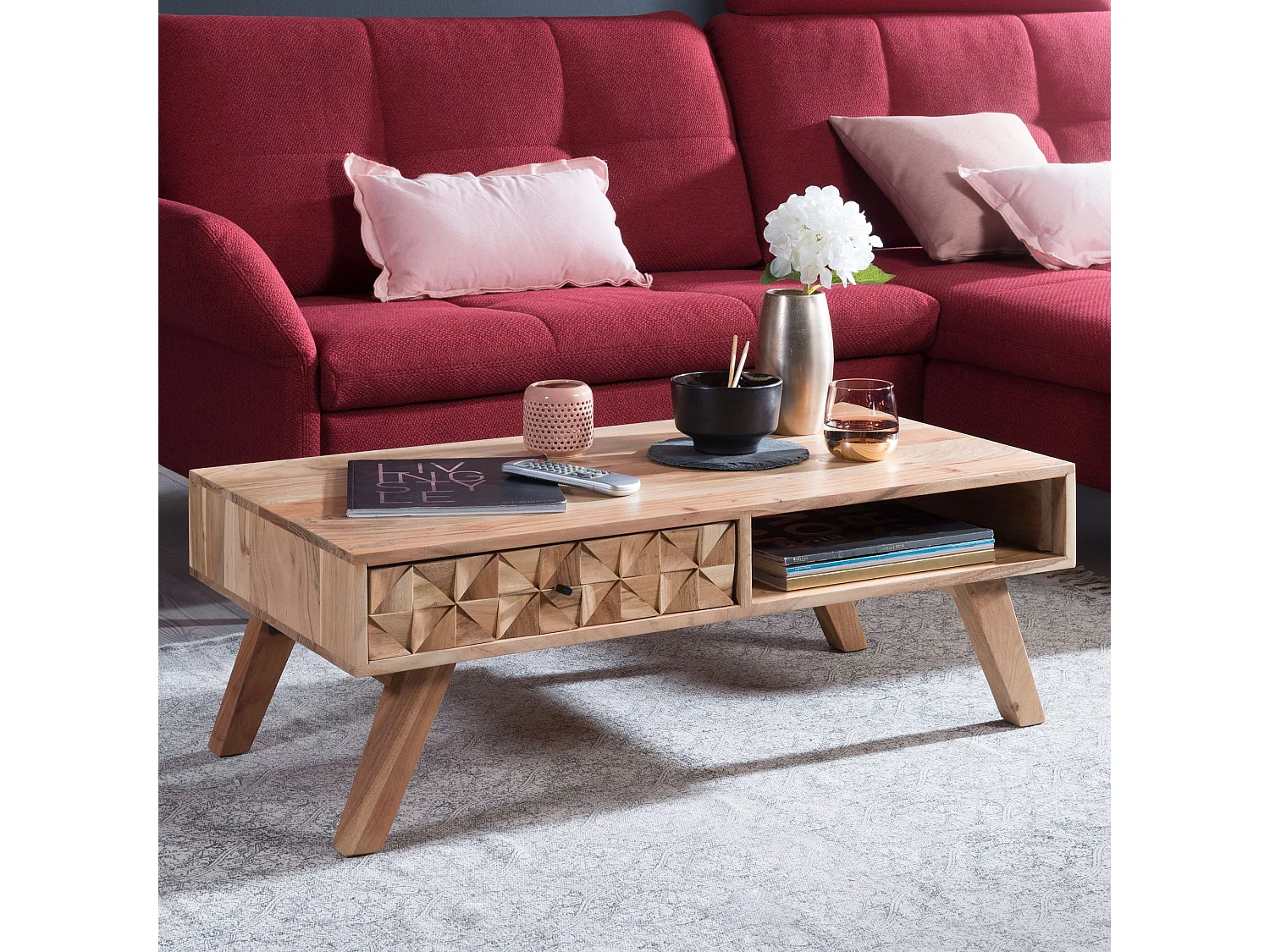 Table basse REWA 95x35x50 cm Table basse en bois massif Acacia | Table basse design avec tiroir |