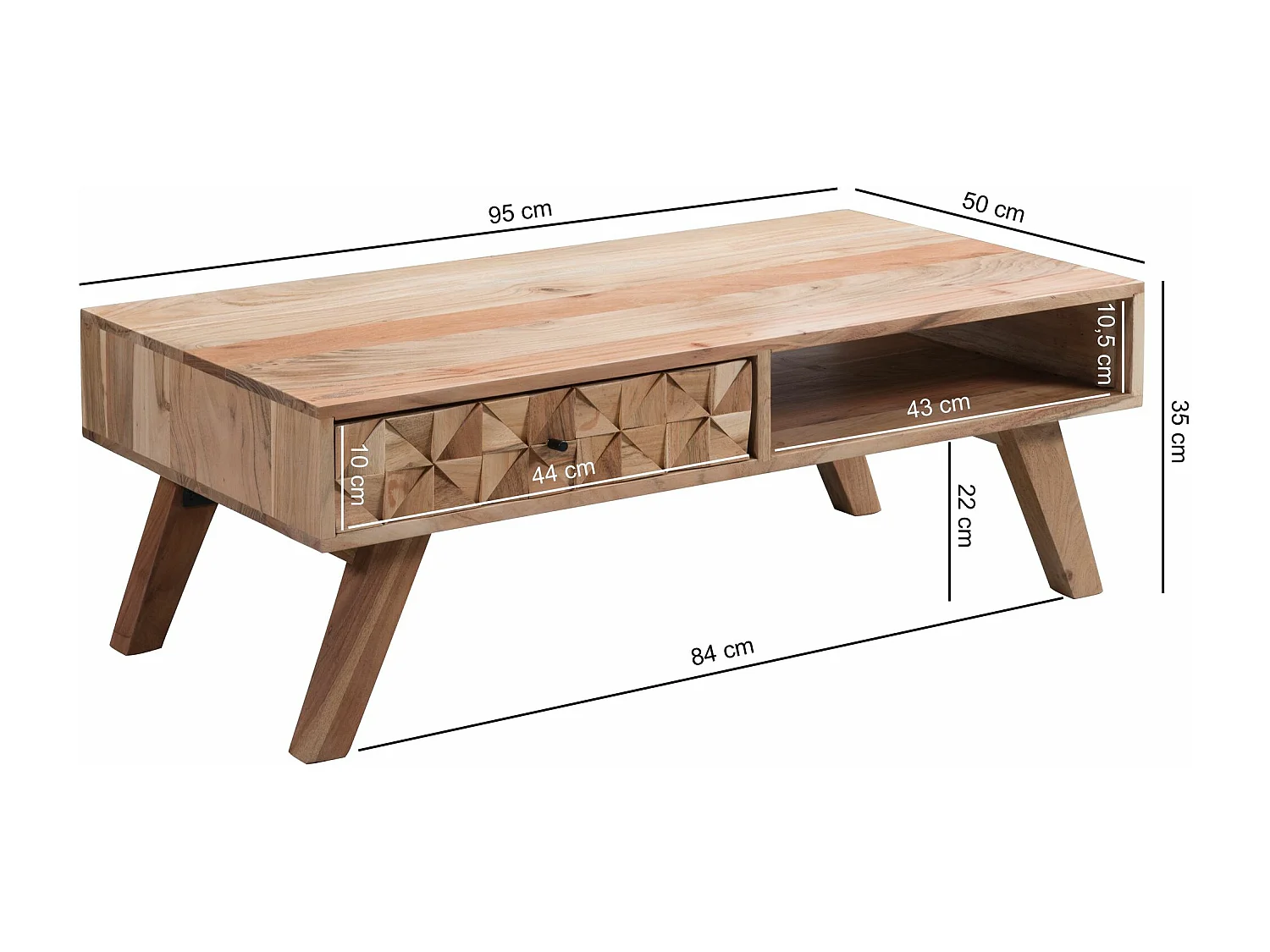 Table basse REWA 95x35x50 cm Table basse en bois massif Acacia | Table basse design avec tiroir |