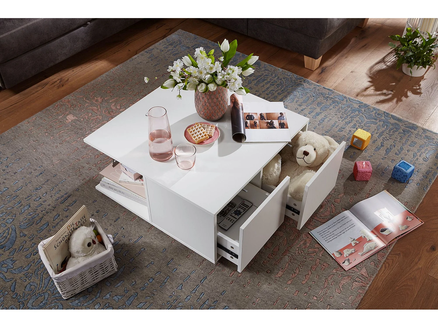 mesa de  diseño 70x70 cm blanco | Mesa de salón con 2 cajones | Mesa de centro con ruedas | Mesa con 2 compartimentos.