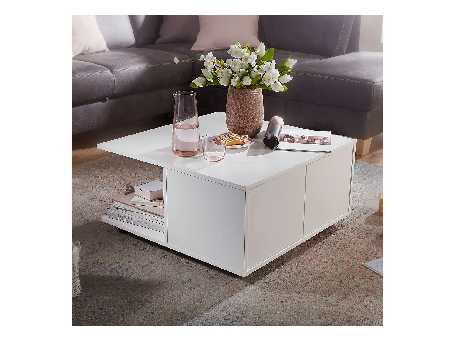 basse design  cm blanc | Table de salon avec 2 tiroirs | Table basse à roulettes | Table à 2 compartiments
