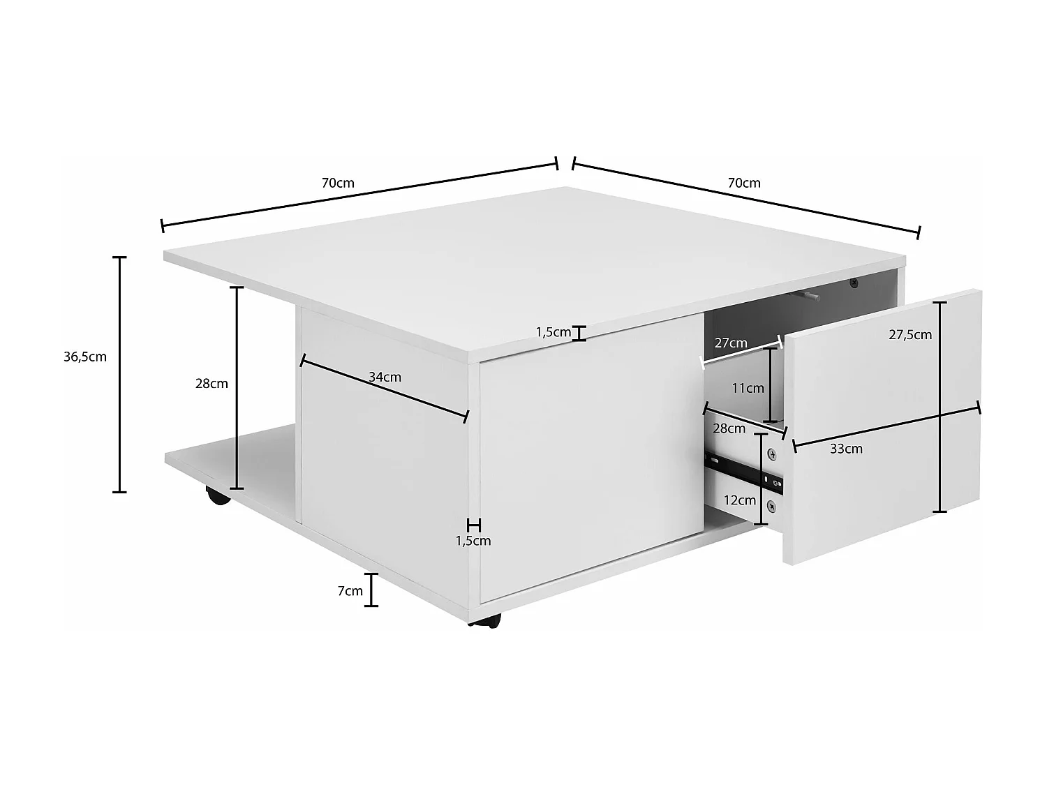 design salontafel 70x70 cm wit | Salontafel met 2 laden | Salontafel met wielen | Tafel met 2 compartimenten