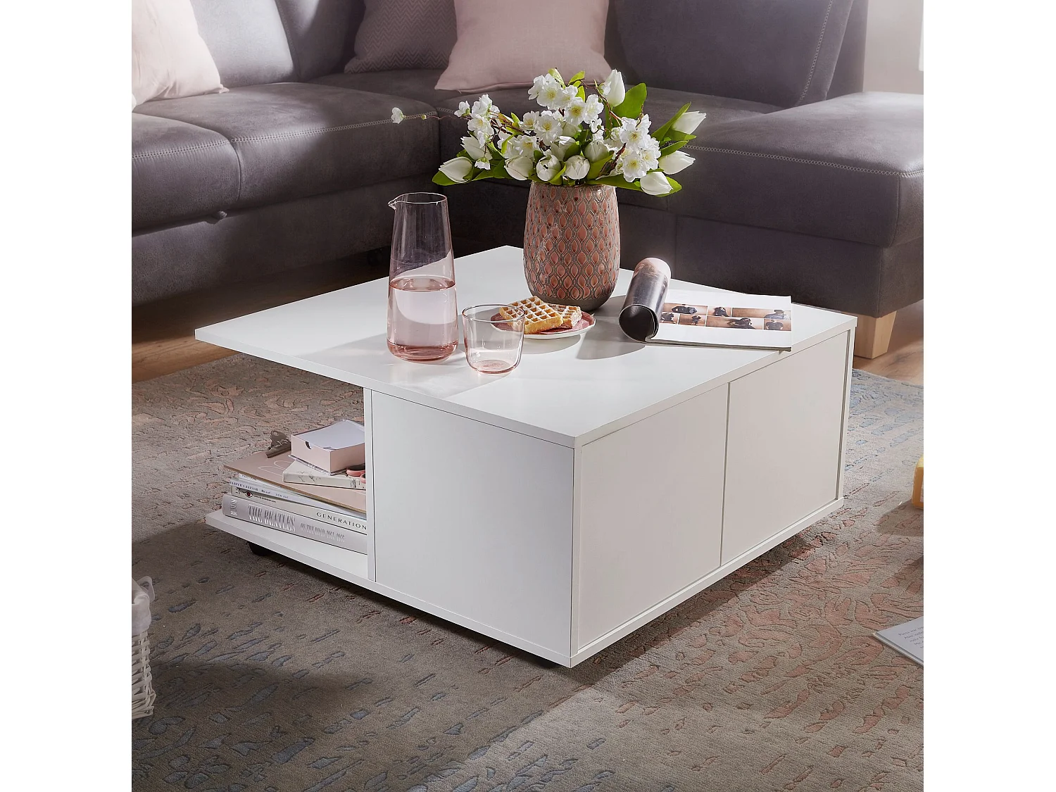 design salontafel 70x70 cm wit | Salontafel met 2 laden | Salontafel met wielen | Tafel met 2 compartimenten