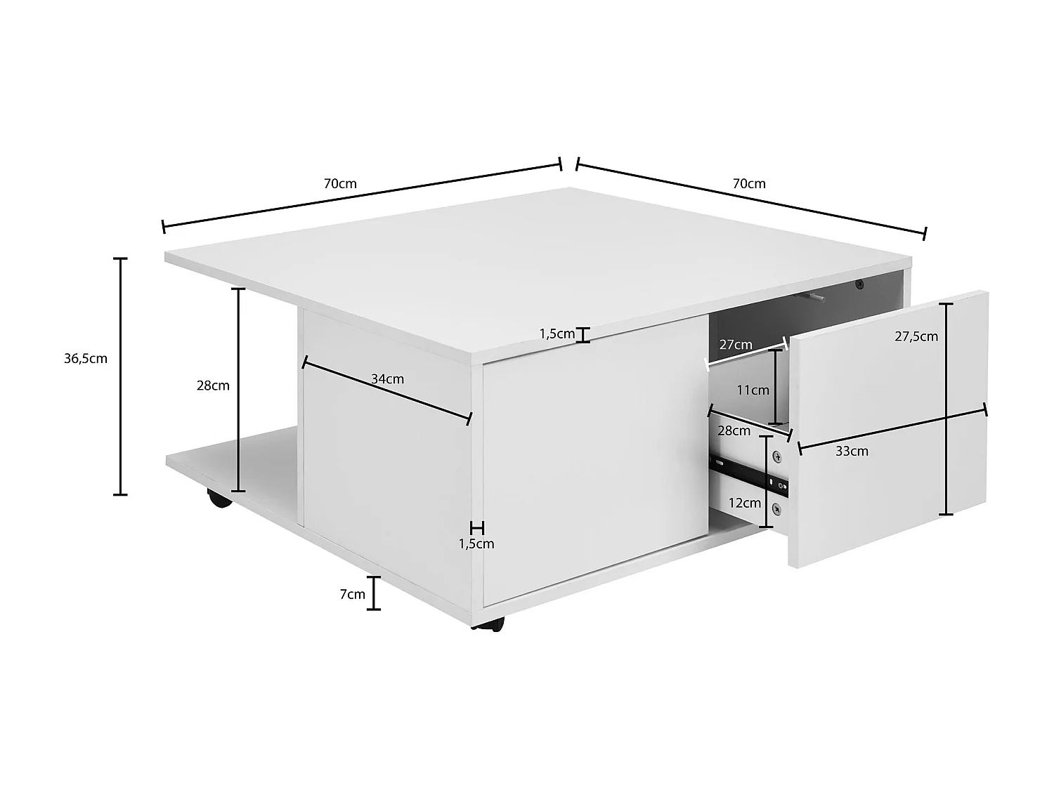 design salontafel 70x70 cm wit | Salontafel met 2 laden | Salontafel met wielen | Tafel met 2 compartimenten