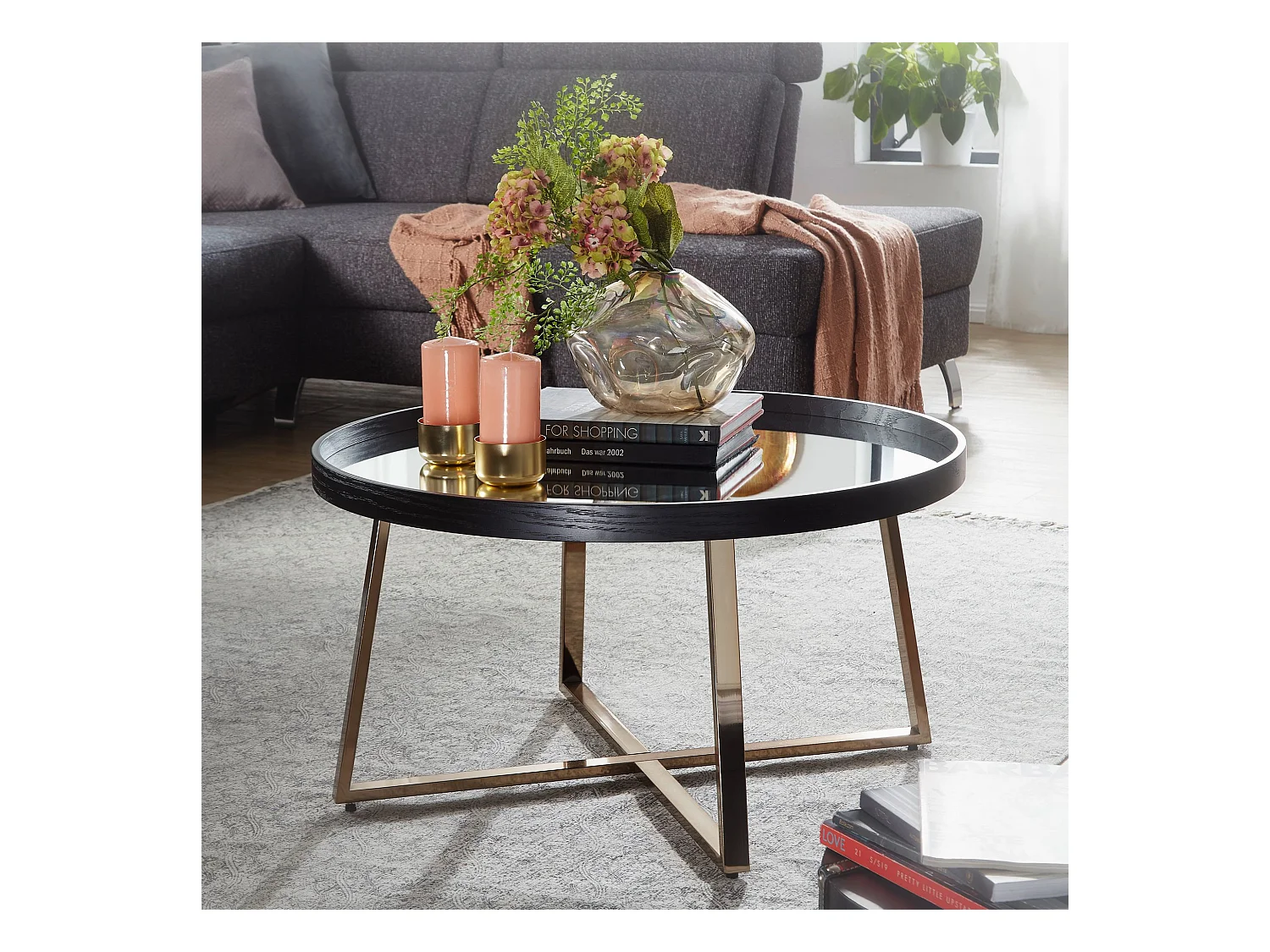 basse design  ronde Ø 78 cm or foncé avec verre miroir  | Table de salon structure en métal noir | Grande table d'appoint