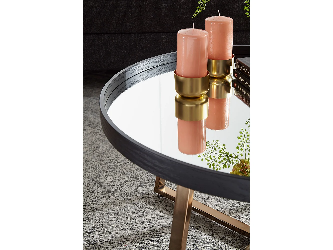 basse design  ronde Ø 78 cm or foncé avec verre miroir  | Table de salon structure en métal noir | Grande table d'appoint