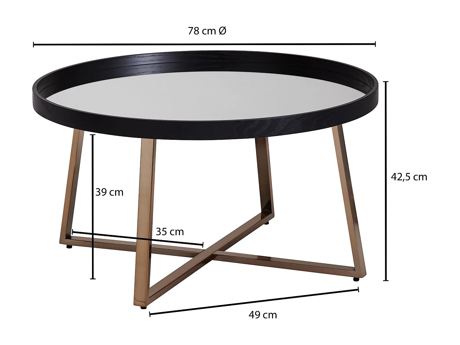 basse design  ronde Ø 78 cm or foncé avec verre miroir  | Table de salon structure en métal noir | Grande table d'appoint