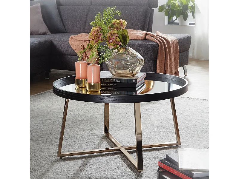 design salontafel rond Ã˜ 78 cm donker goud met spiegelglas | Salontafel zwart metalen frame