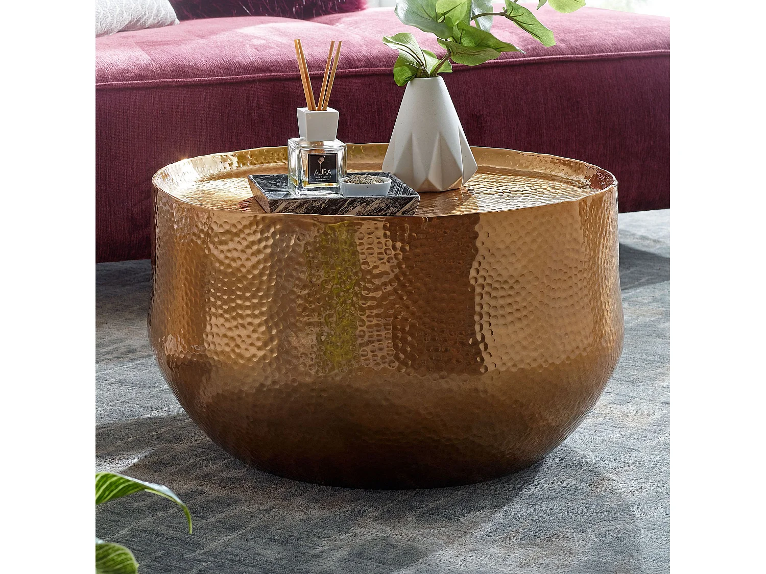 tavolino alluminio oro 60x60x35 cm tavolo soggiorno martellato | Tavolino design rotondo alluminio orientale | Tavolino rotondo metallo piccolo