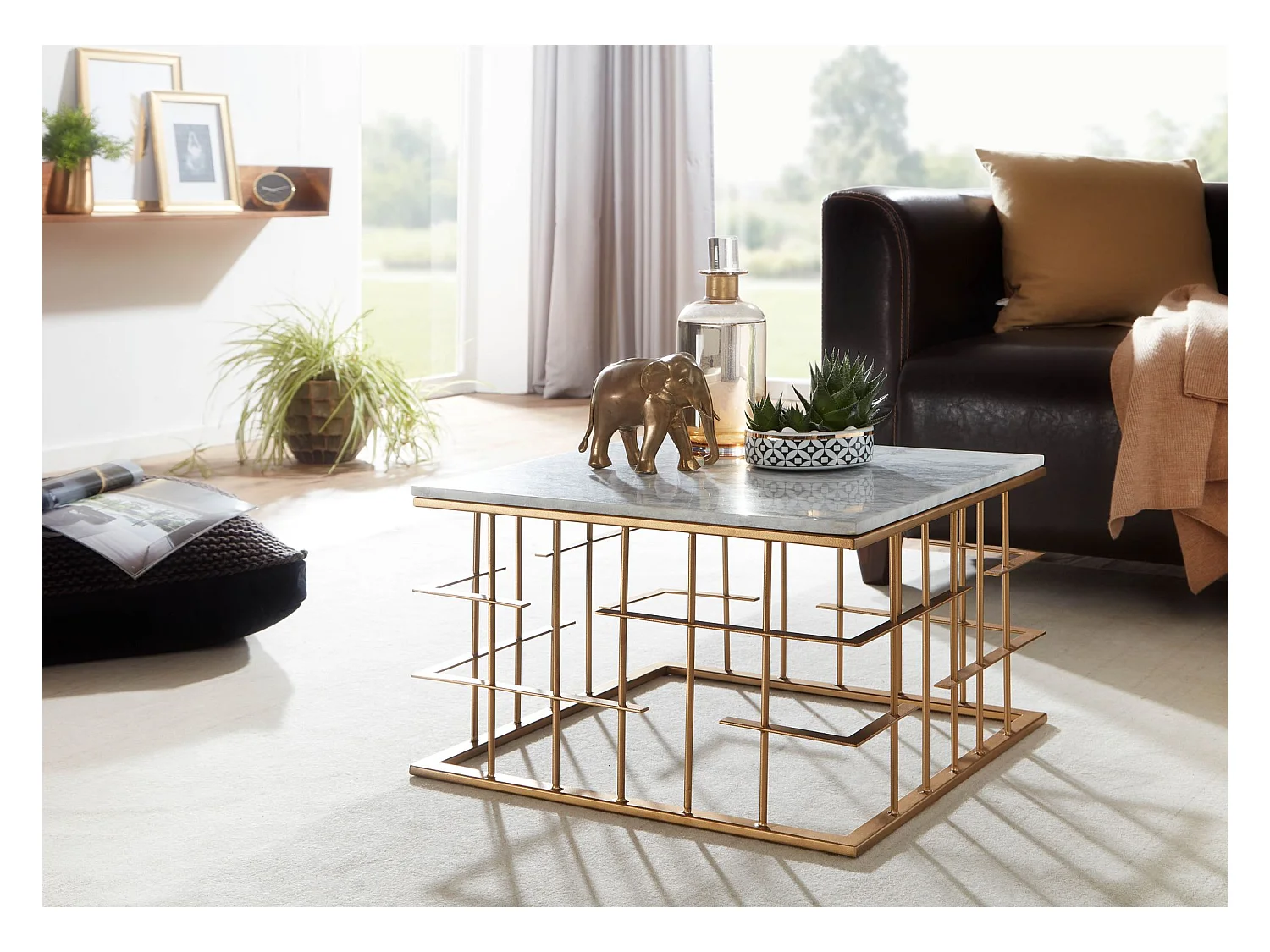 Table Basse De Salon Marbre Véritable Et Métal 55X55X35 Cm Carrée Or | Petite Table De