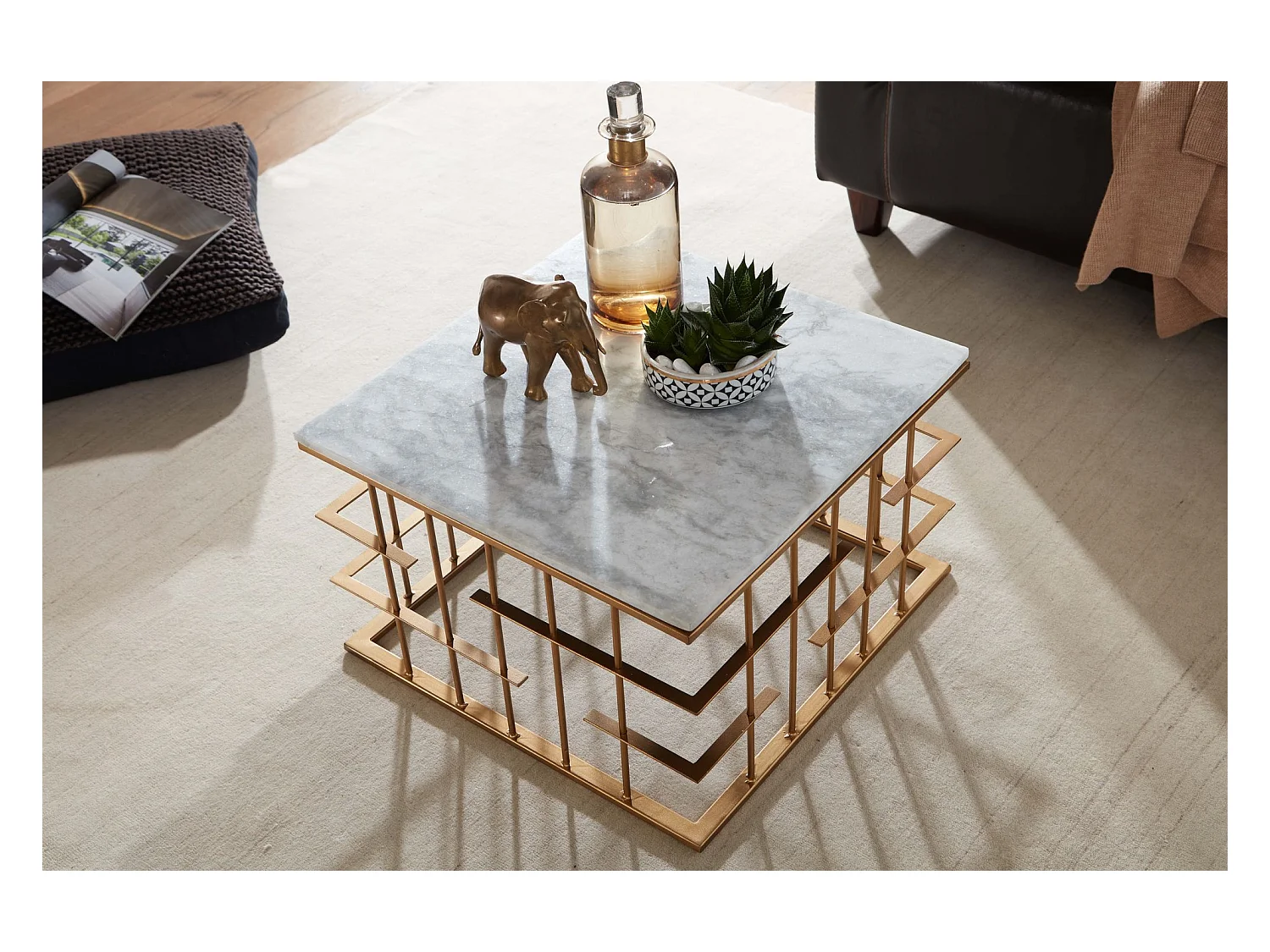 Table Basse De Salon Marbre Véritable Et Métal 55X55X35 Cm Carrée Or | Petite Table De