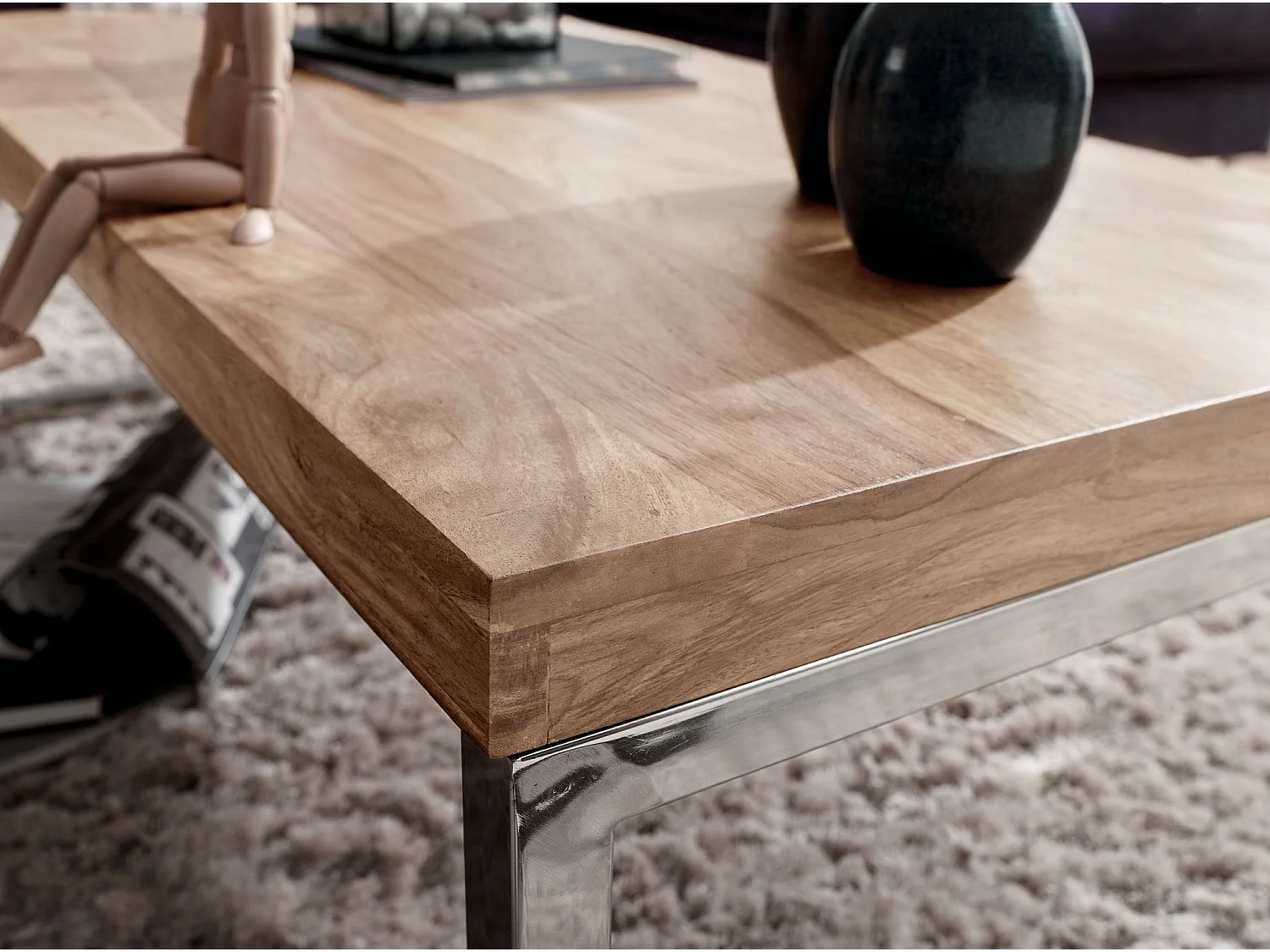 mesa de centro de madera maciza mesa de Acacia 120 cm diseño de mesa de comedor amplia estilo rústico de color marrón oscuro