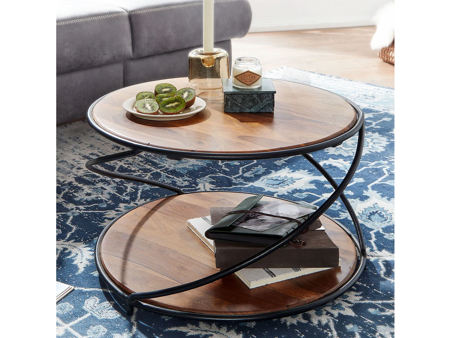 tavolino 58x58x35 cm in legno massello di sheesham / metallo tavolino rotondo | Tavolino di design tavolino massello | Tavolino da salotto moderno con contenitore