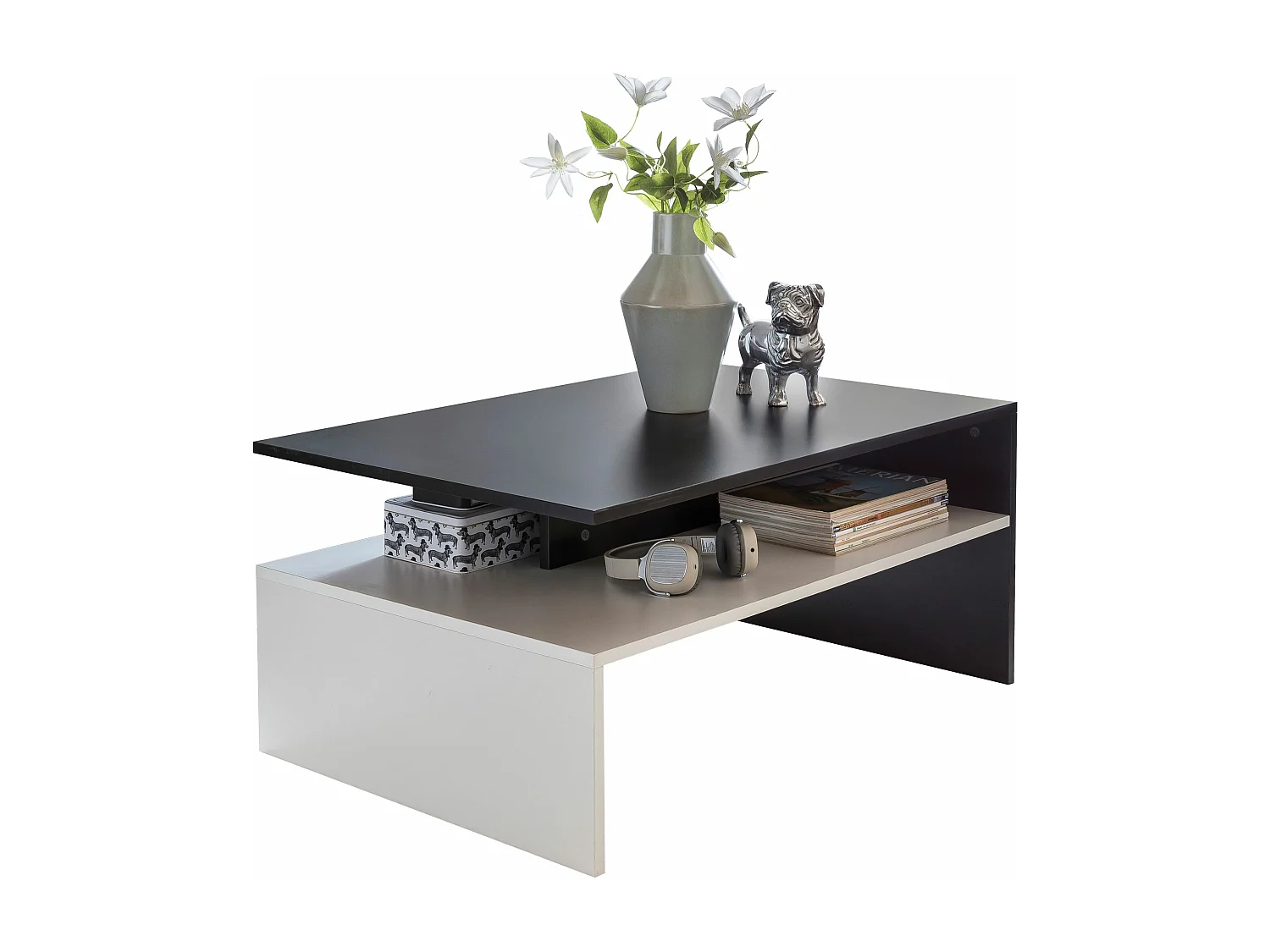 MURPHY 90 x 43 x 60 cm avec étagère en bois noir / blanc | Table basse de salon design en deux