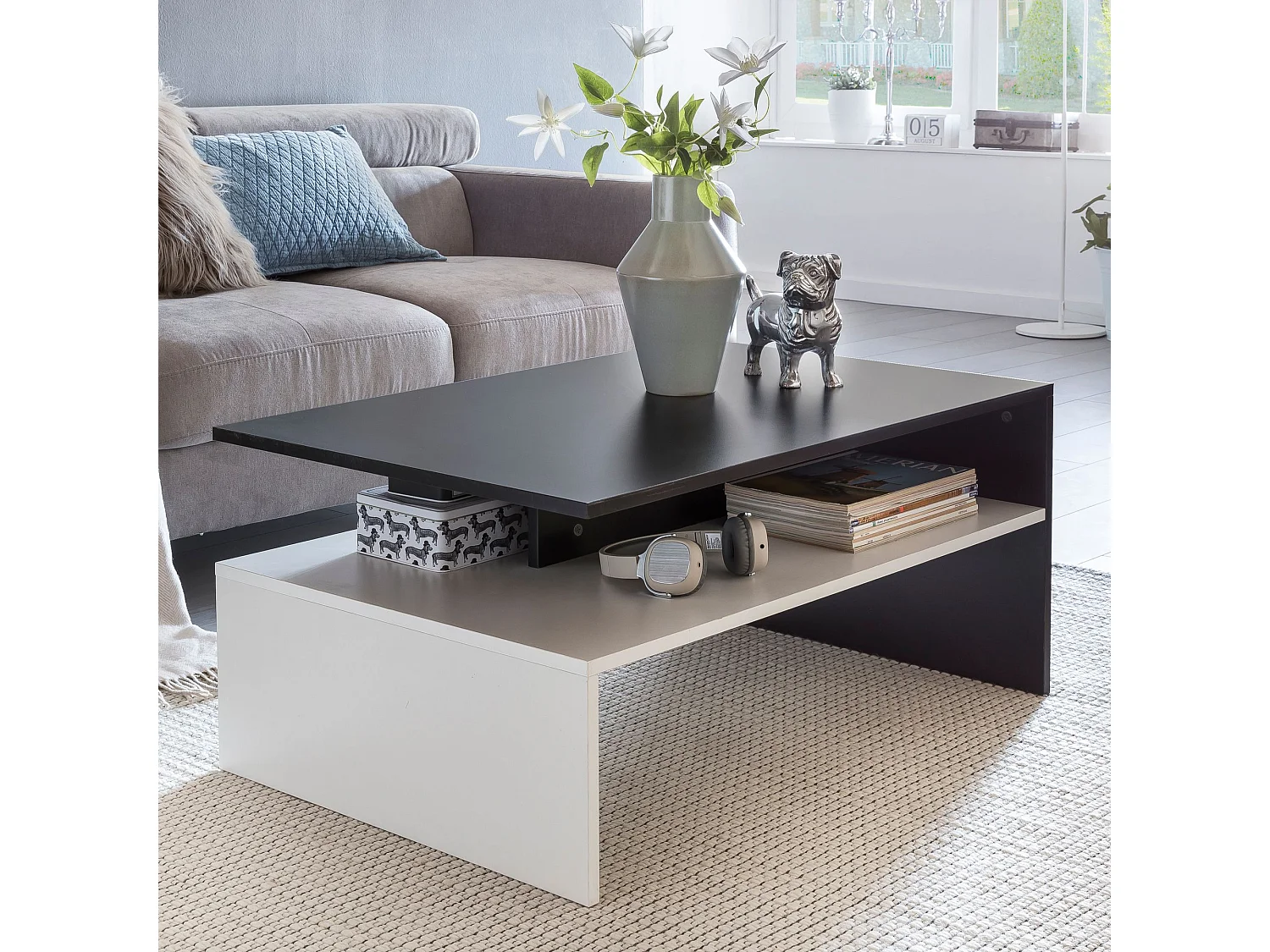 MURPHY 90 x 43 x 60 cm avec étagère en bois noir / blanc | Table basse de salon design en deux