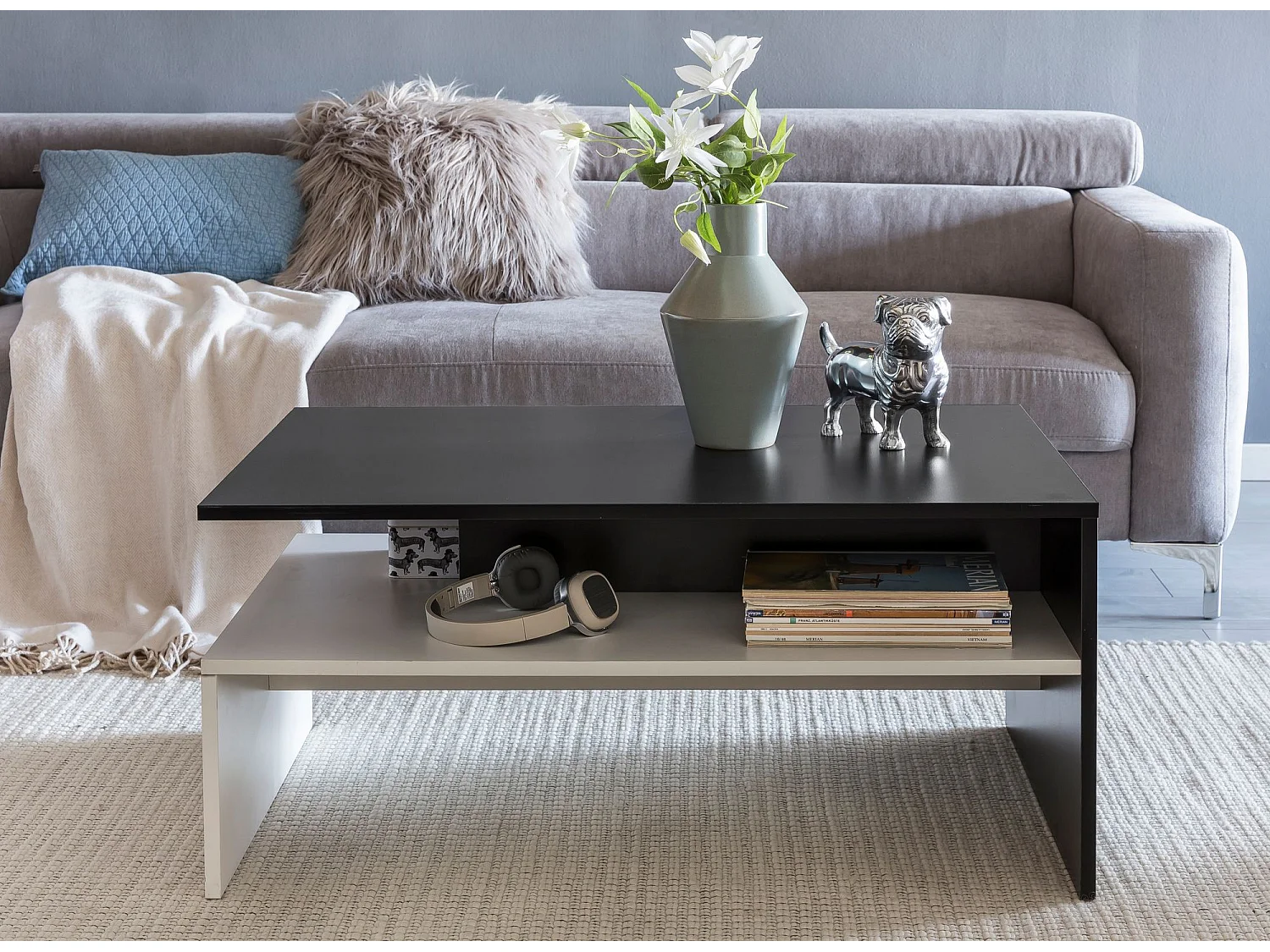 MURPHY 90 x 43 x 60 cm avec étagère en bois noir / blanc | Table basse de salon design en deux