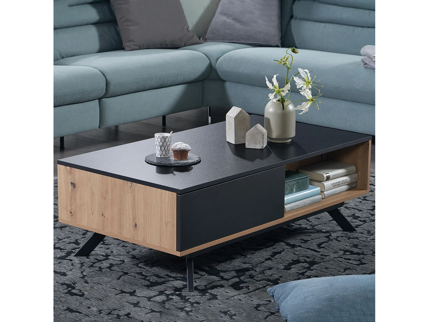 Table Basse De Salon Décor Chêne / Noir 110X60X38 Cm Rectangulaire | Grande Table De