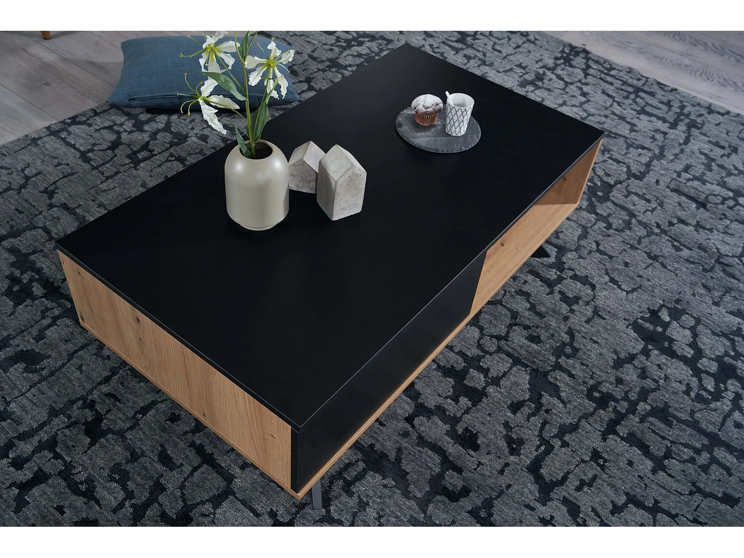 Table Basse De Salon Décor Chêne / Noir 110X60X38 Cm Rectangulaire | Grande Table De