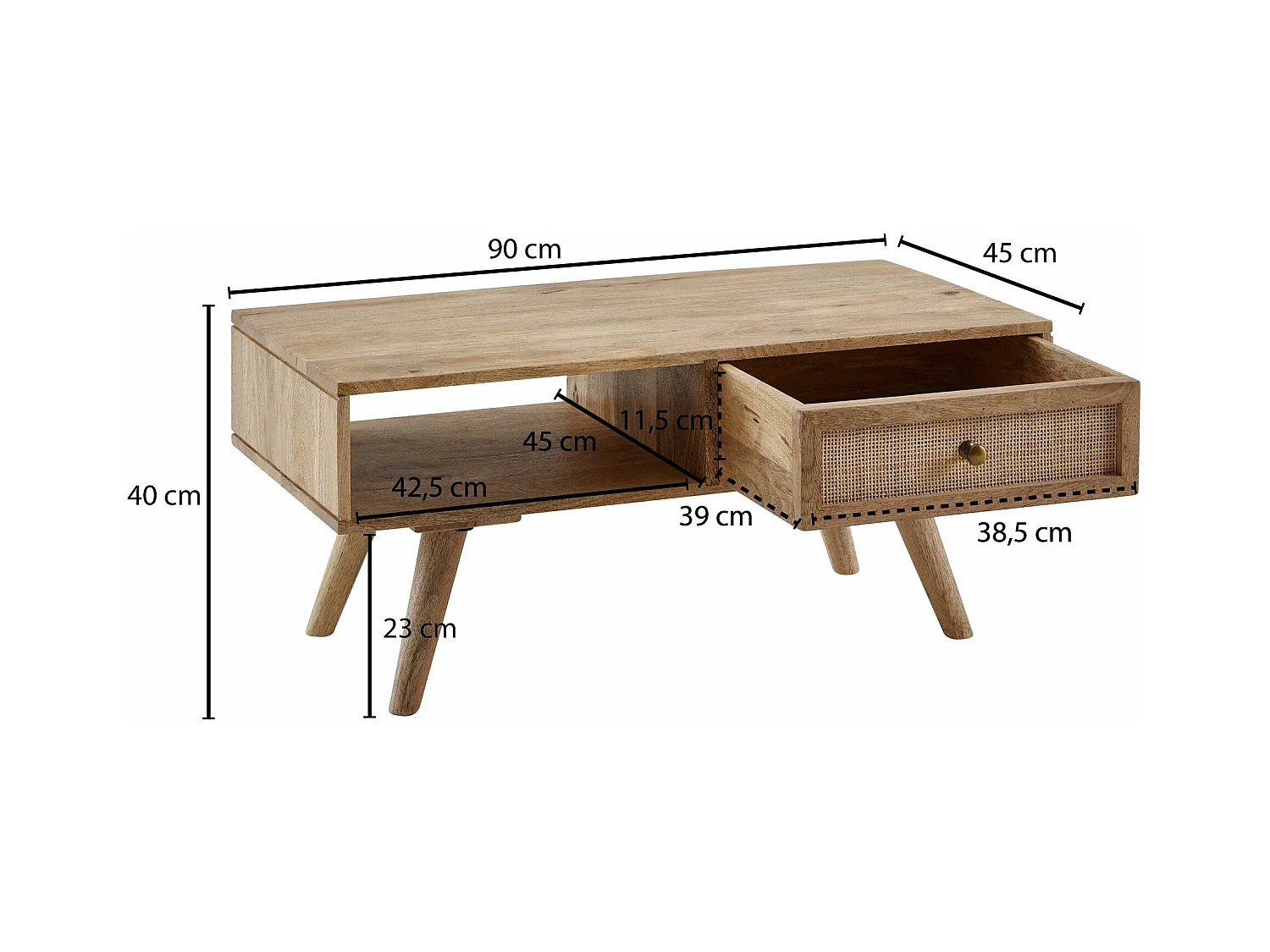 Basse  90X40X45 Cm Table De Salon En Bois Massif Solide De Manguier Rectangulaire
