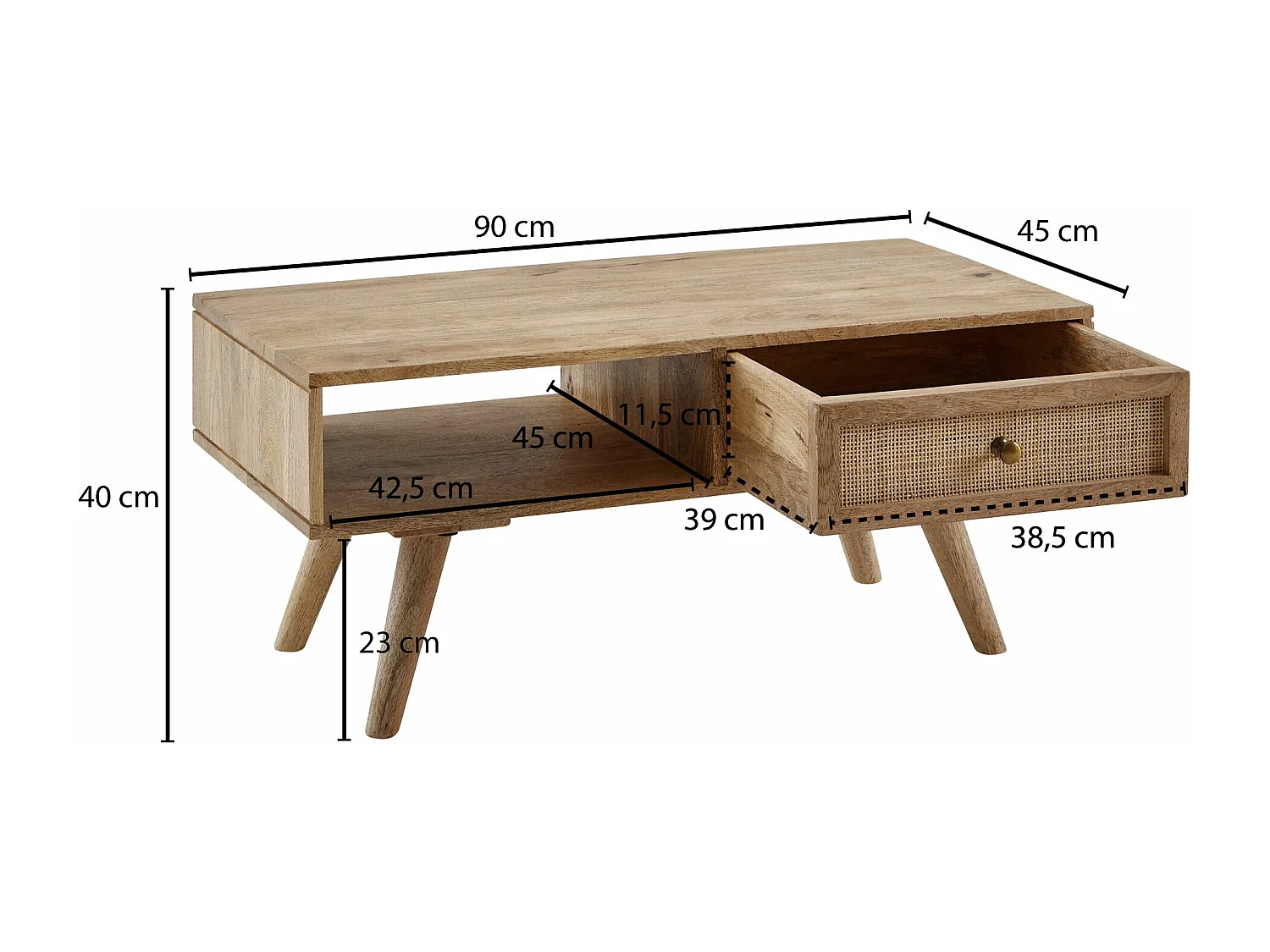 Tavolino 90x40x45 cm Tavolino rettangolare in legno massiccio di mango | Tavolino in legno con contenitore | Tavolino con cassetto | Tavolo soggiorno massiccio