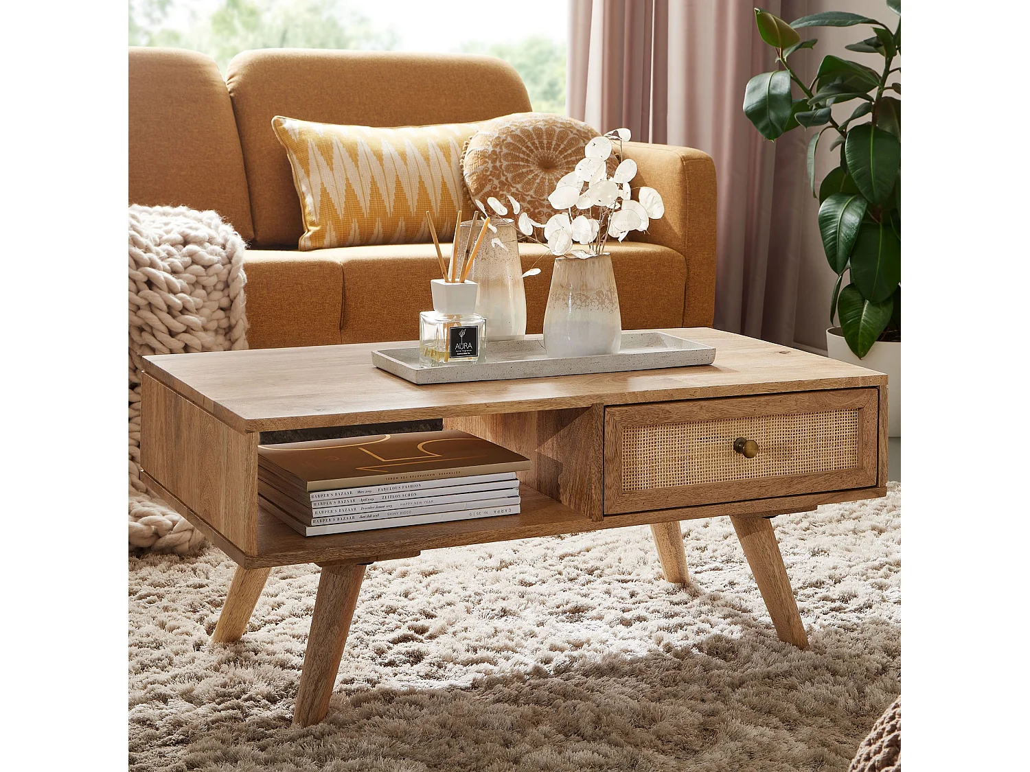 salontafel 90x40x45 cm Mango massief houten salontafel rechthoekig | Houten tafel met opbergruimte | Salontafel met lade | Tafel woonkamer solide