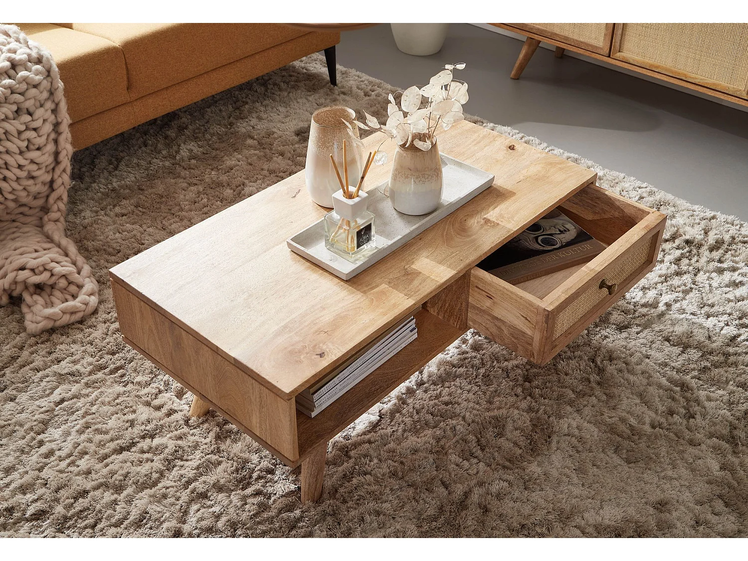 salontafel 90x40x45 cm Mango massief houten salontafel rechthoekig | Houten tafel met opbergruimte | Salontafel met lade | Tafel woonkamer solide