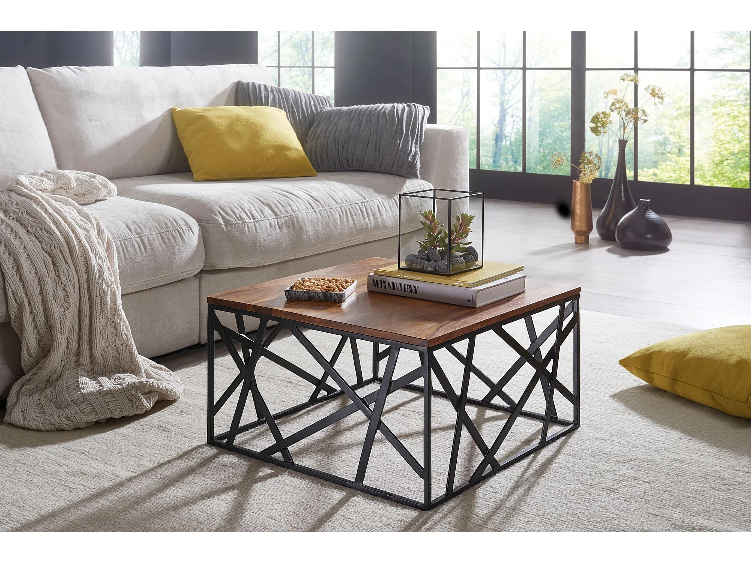 salontafel Bekal 60x35x60 cm Sheesham massief houten / metalen salontafel