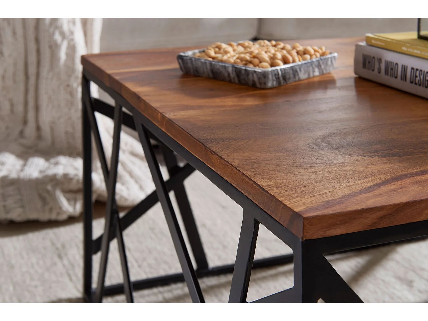 salontafel Bekal 60x35x60 cm Sheesham massief houten / metalen salontafel