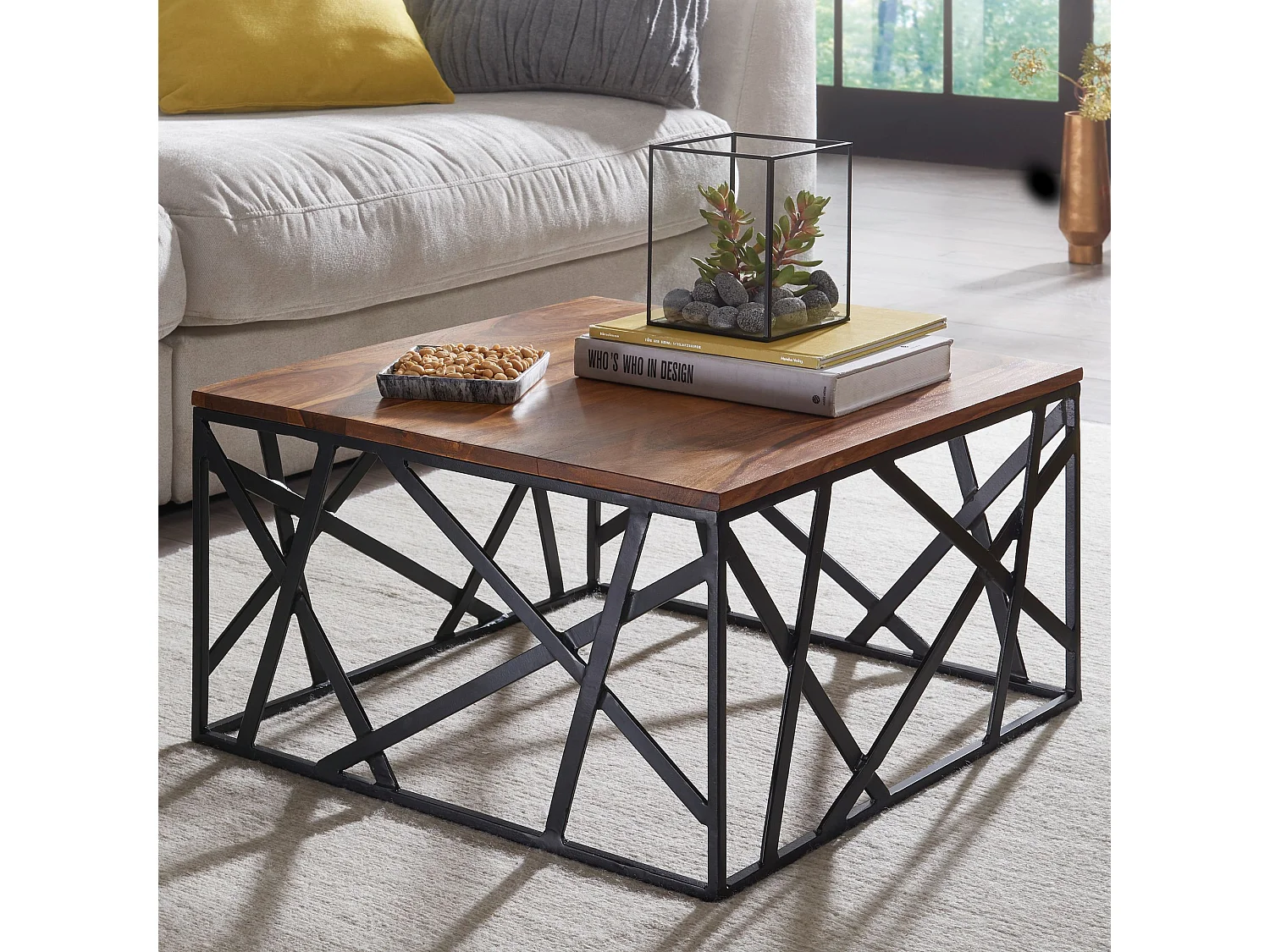 salontafel Bekal 60x35x60 cm Sheesham massief houten / metalen salontafel