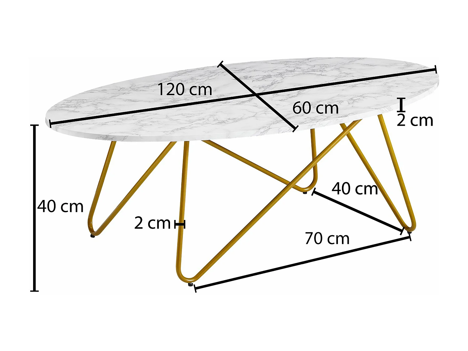 Tavolino 120x40x60 cm con aspetto marmo bianco | Tavolino con struttura in metallo | Tavolino ovale da salotto | Tavolo da salotto