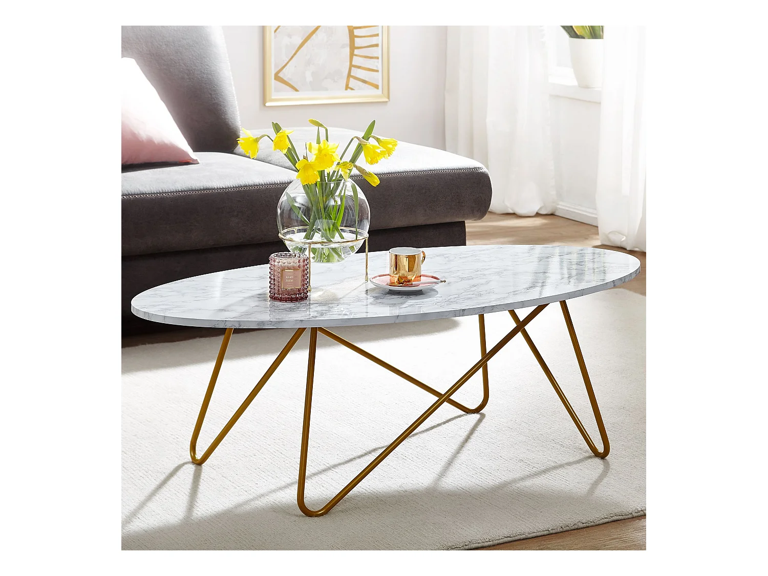 salontafel 120x40x60 cm met marmerlook wit | Salontafel met metalen frame | Salontafel ovale tafel woonkamer | Lounge tafel