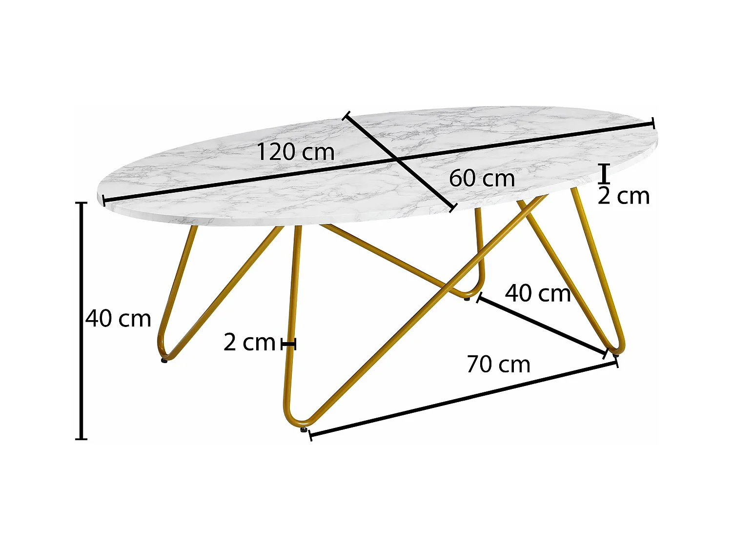 salontafel 120x40x60 cm met marmerlook wit | Salontafel met metalen frame | Salontafel ovale tafel woonkamer | Lounge tafel