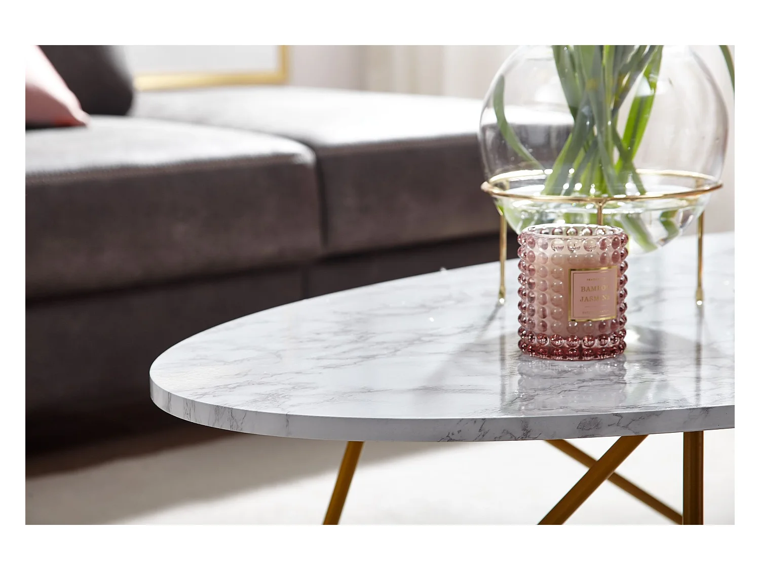 salontafel 120x40x60 cm met marmerlook wit | Salontafel met metalen frame | Salontafel ovale tafel woonkamer | Lounge tafel